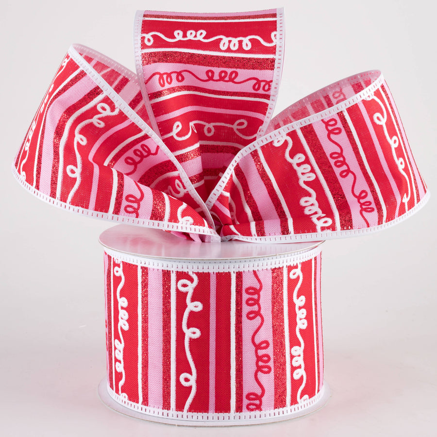 2.5" Glittered Loopy Stripes Ribbon: Pink & Red (10 Yards)