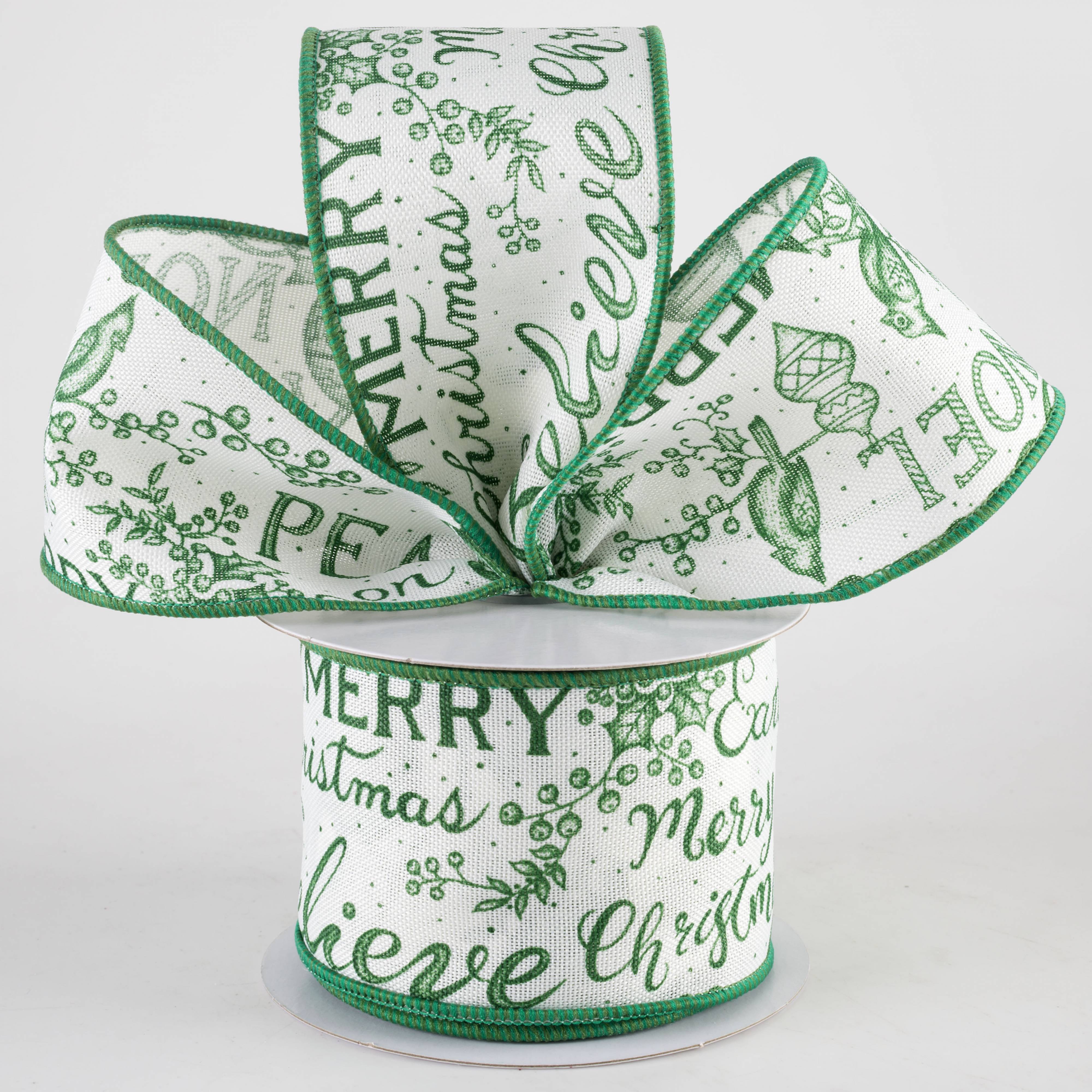 2.5" Christmas Words & Icons Ribbon: Ivory & Emerald Green (10 Yards)