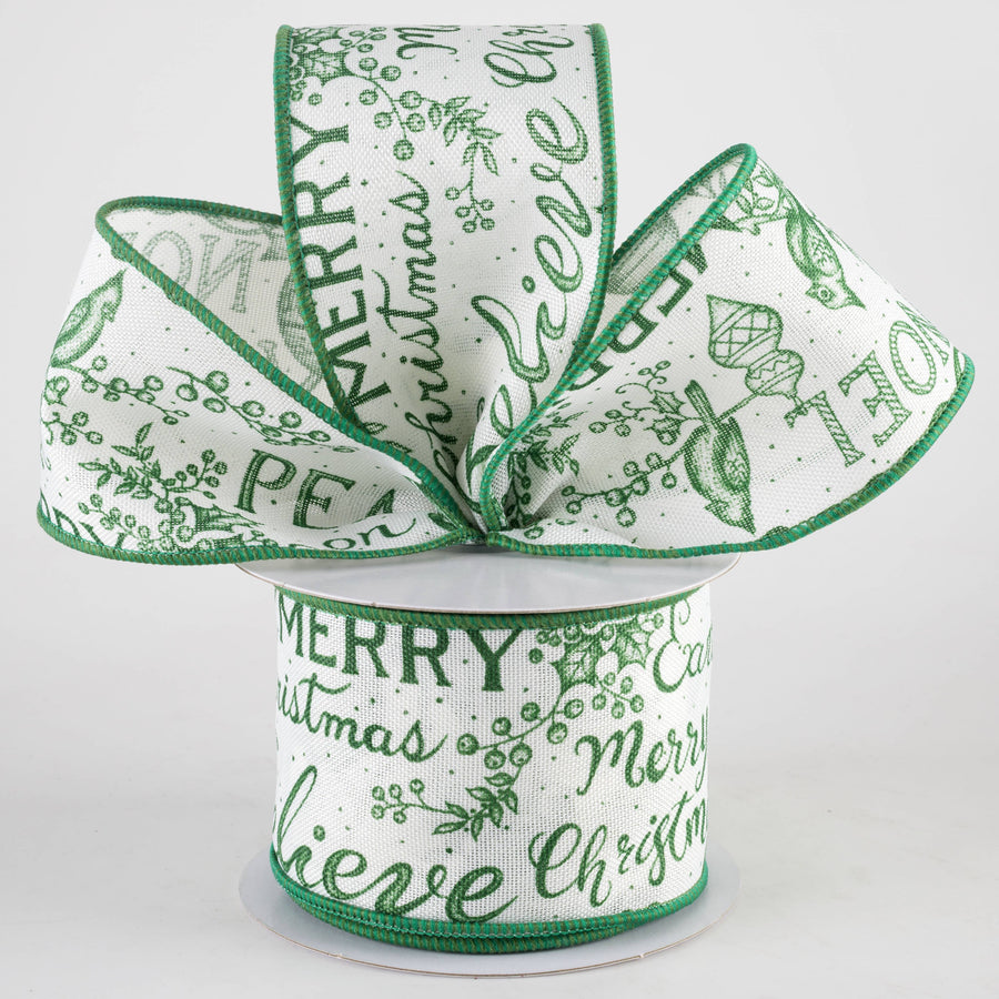 2.5" Christmas Words & Icons Ribbon: Ivory & Emerald Green (10 Yards)