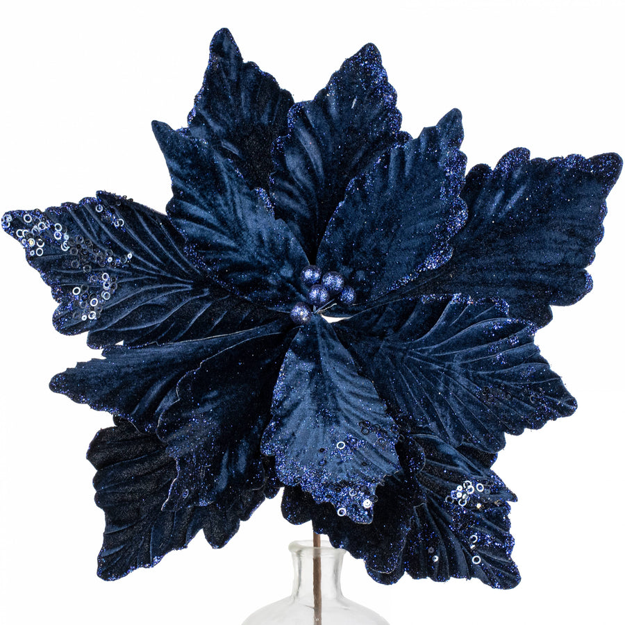 19" x 25" Jumbo Deluxe Velvet Poinsettia Stem: Navy Blue
