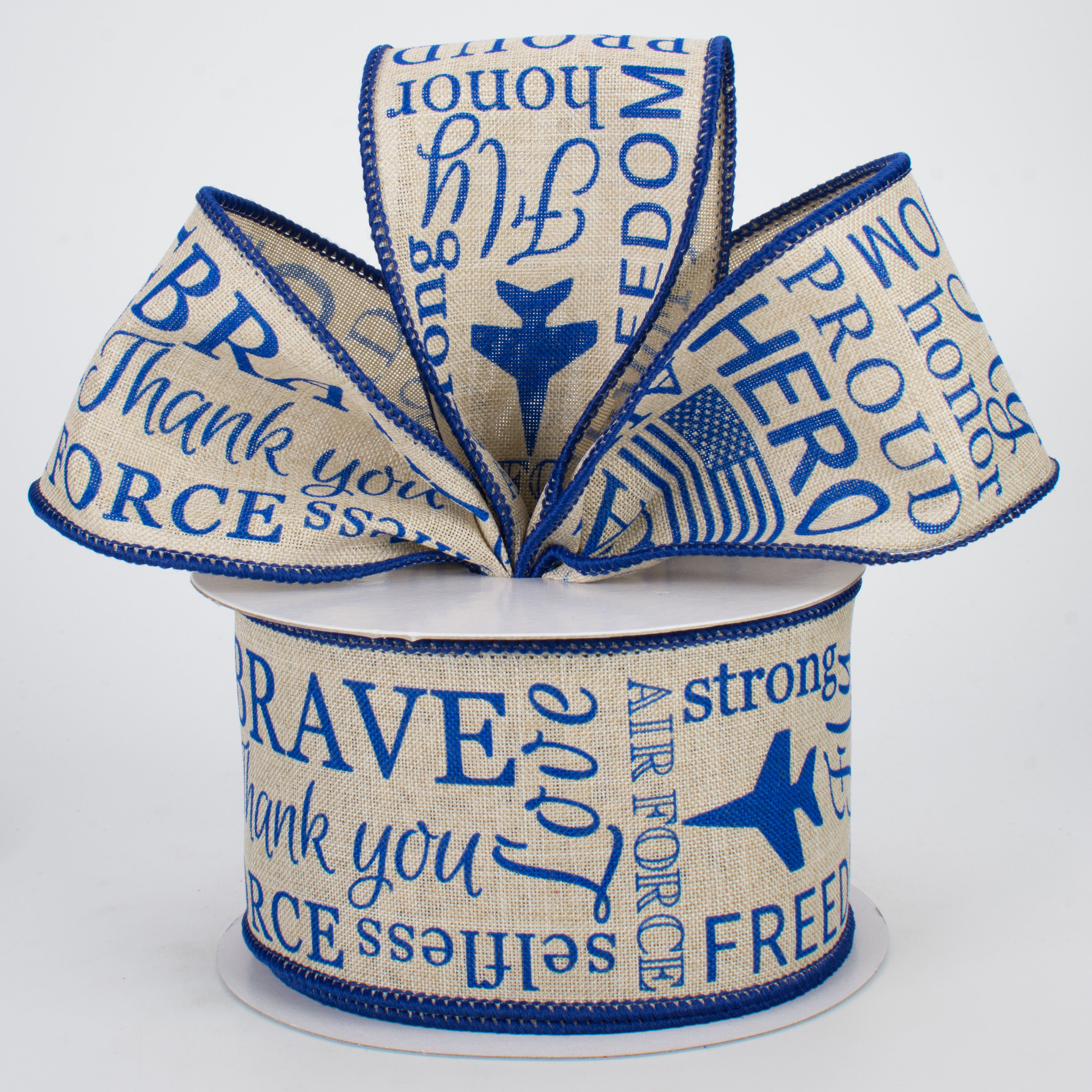 2.5" Air Force Ribbon: Light Natural & Blue (10 Yards) Lifestyle Photo