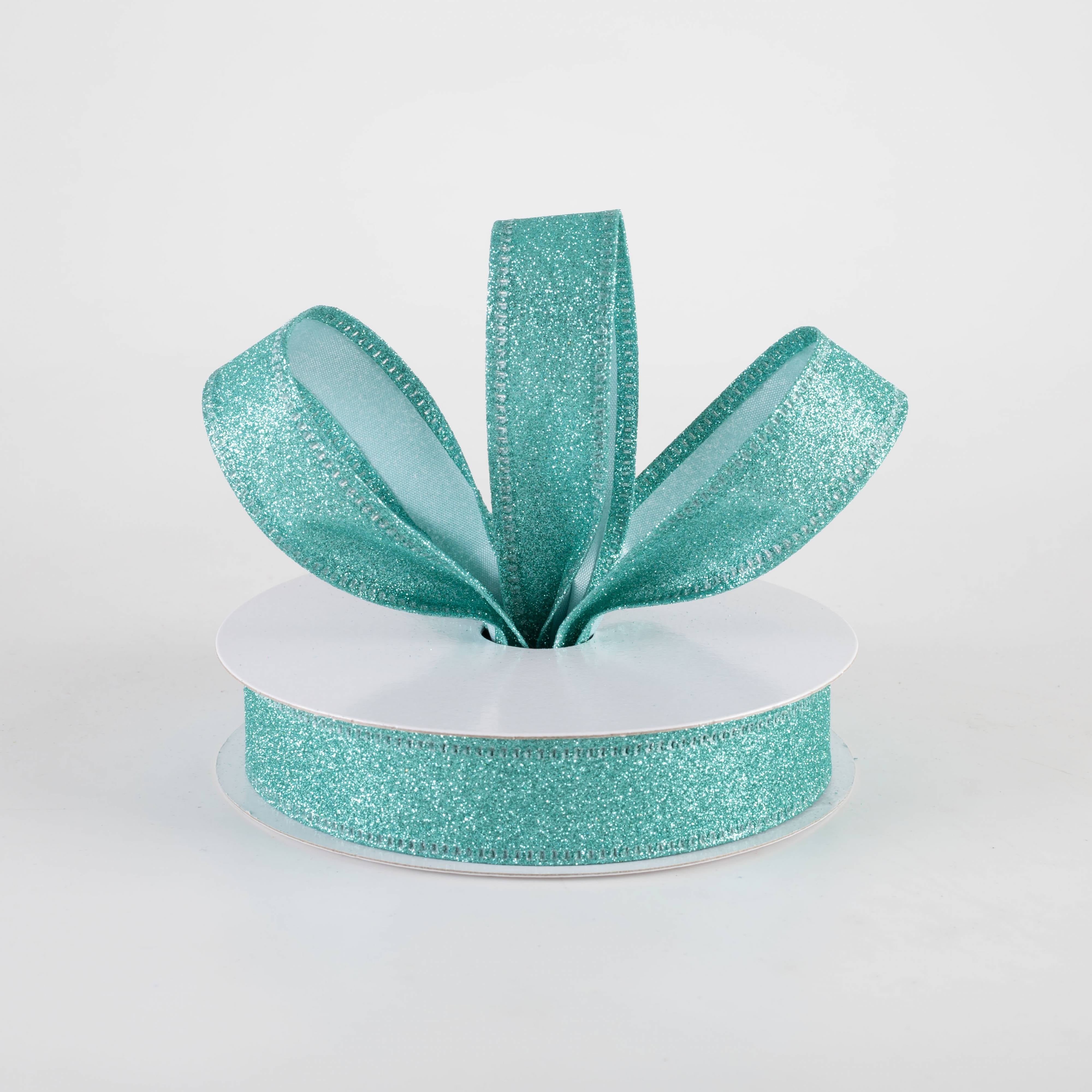 7/8" All Flat Glitter Wired Ribbon: Aqua Blue (10 Yards) Lifestyle Photo