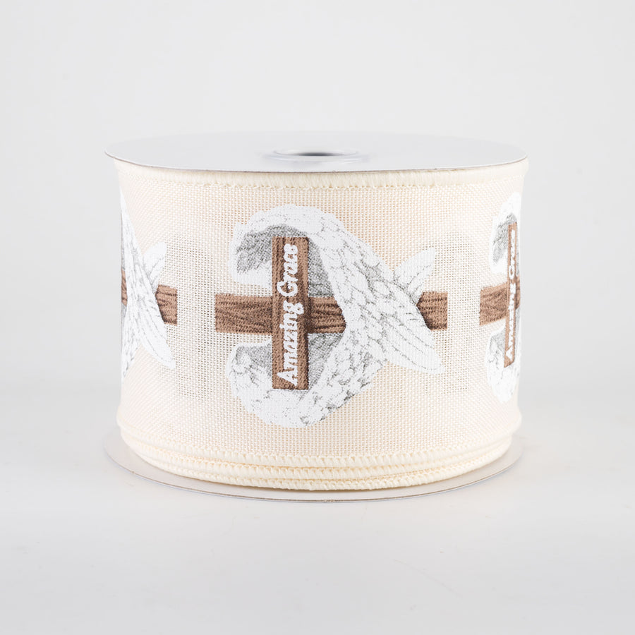 2.5" Amazing Grace Cross & Wings Ribbon: Cream (10 Yards)