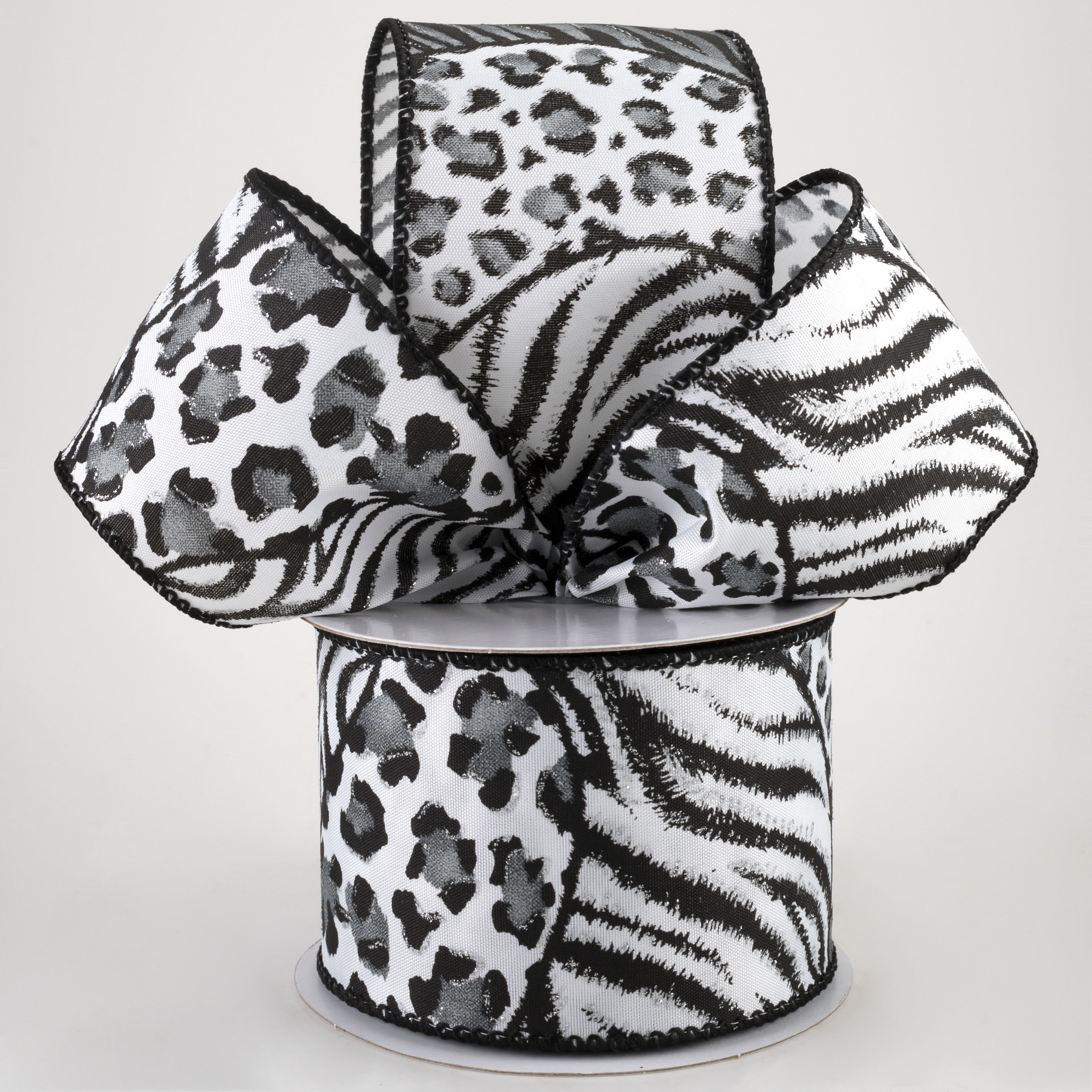 2.5" Animal Print Mania Ribbon: White, Black, Silver (10 Yards) Lifestyle Photo