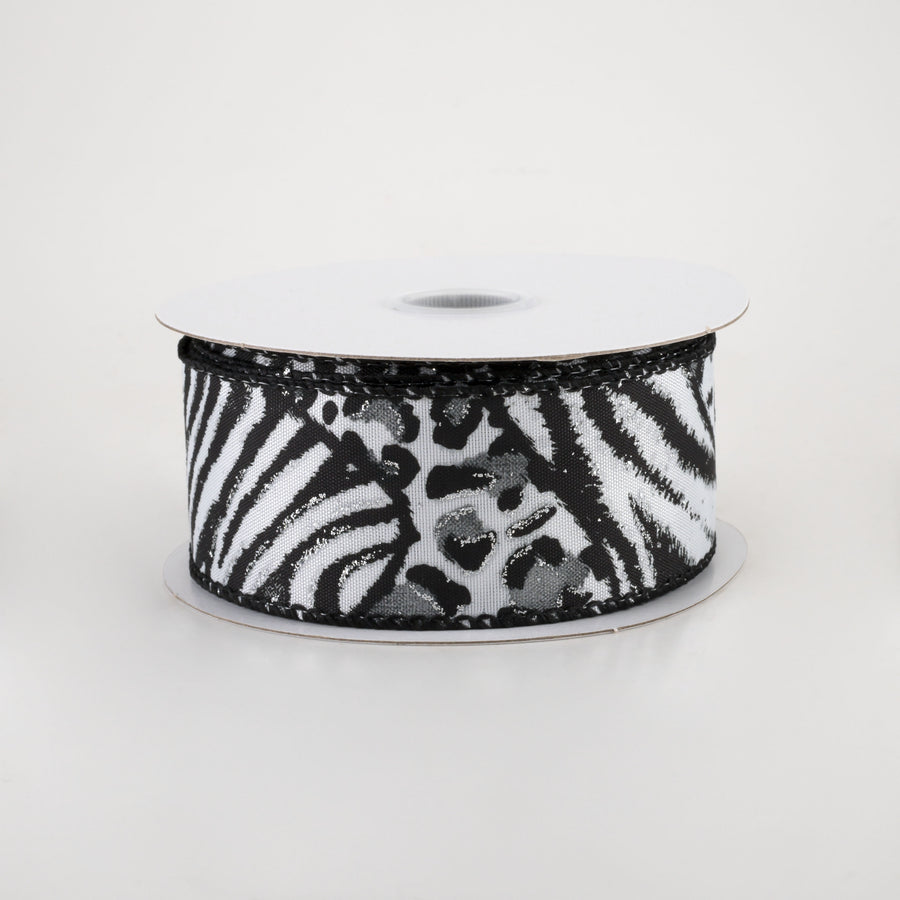 1.5" Animal Print Mania Ribbon: White, Black, Silver (10 Yards)