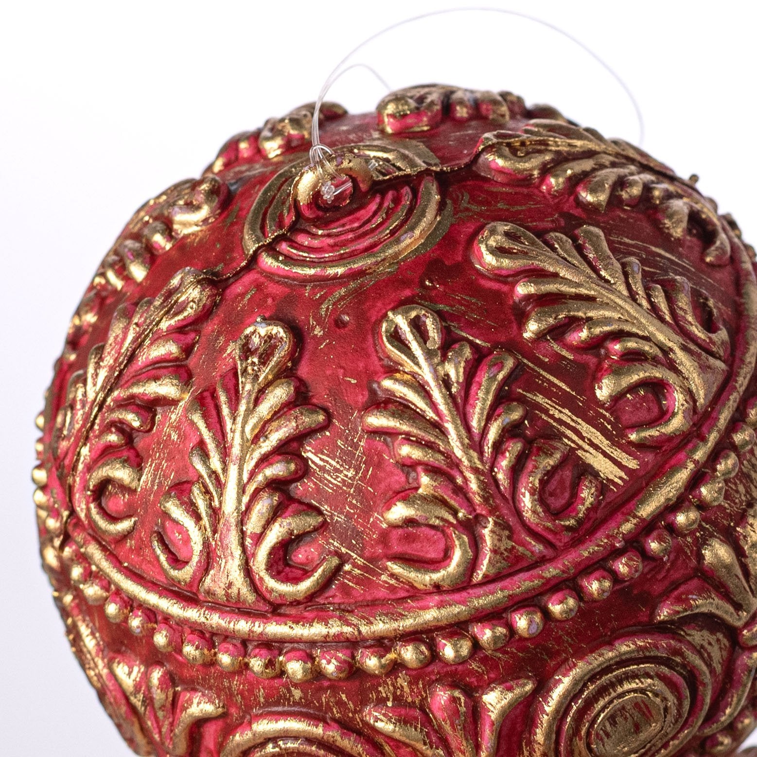 4" Antiqued Plastic Ball Ornament: Dark Red & Gold detail photo 3