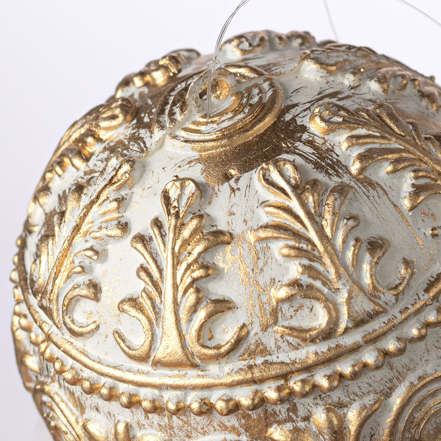 4" Antiqued Plastic Ball Ornament: Gold & White detail photo 3