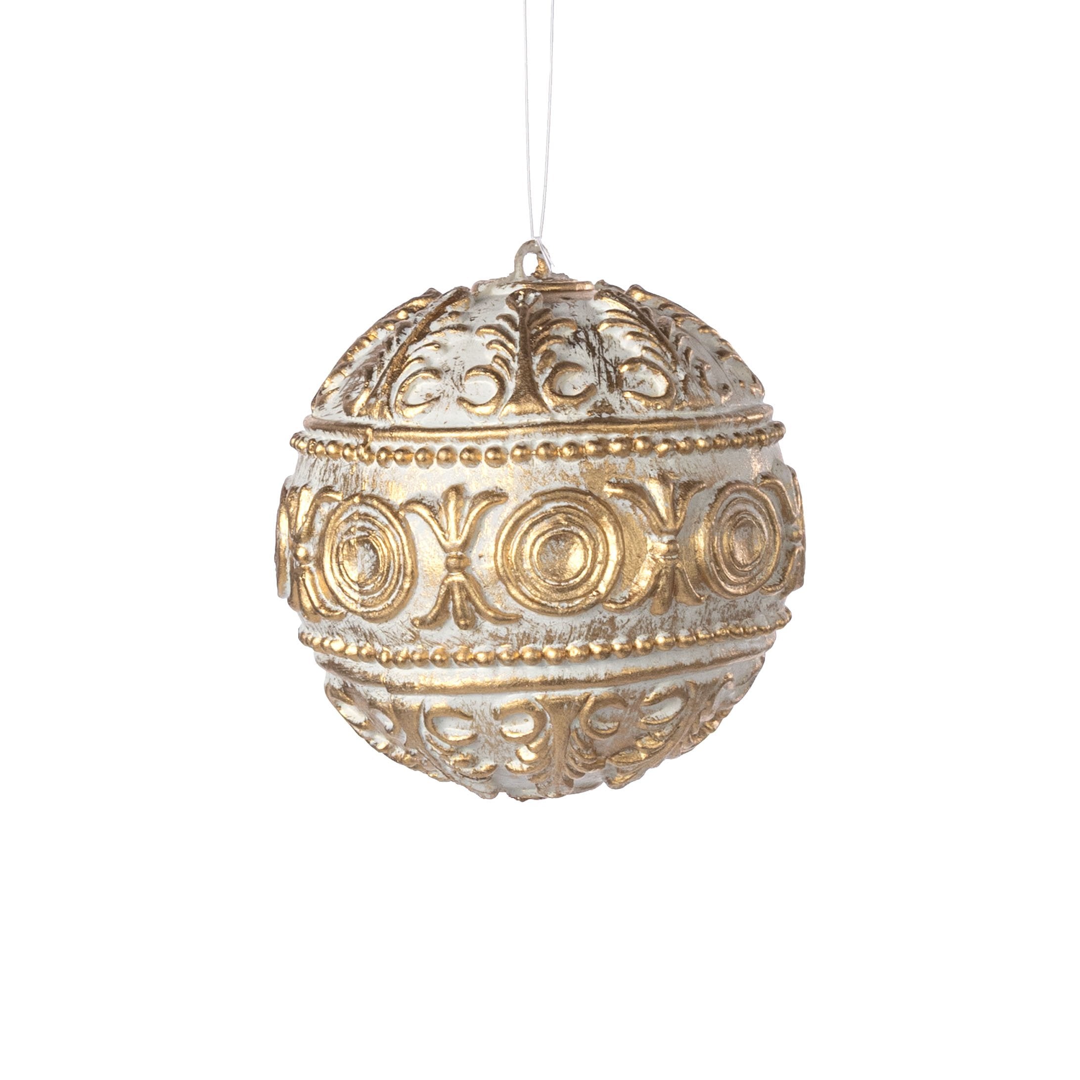 4" Antiqued Plastic Ball Ornament: Gold & White Item Number: 32179-GDWT