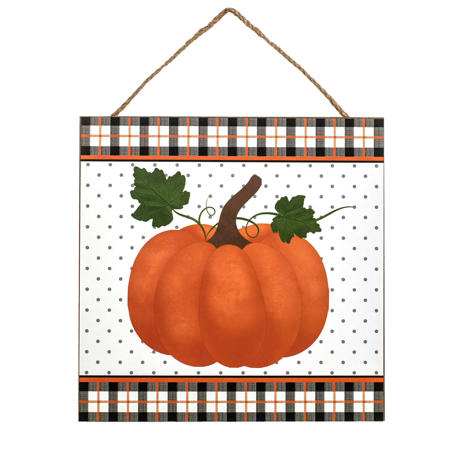 10" Square Wooden Sign: Pumpkin With Plaid Border