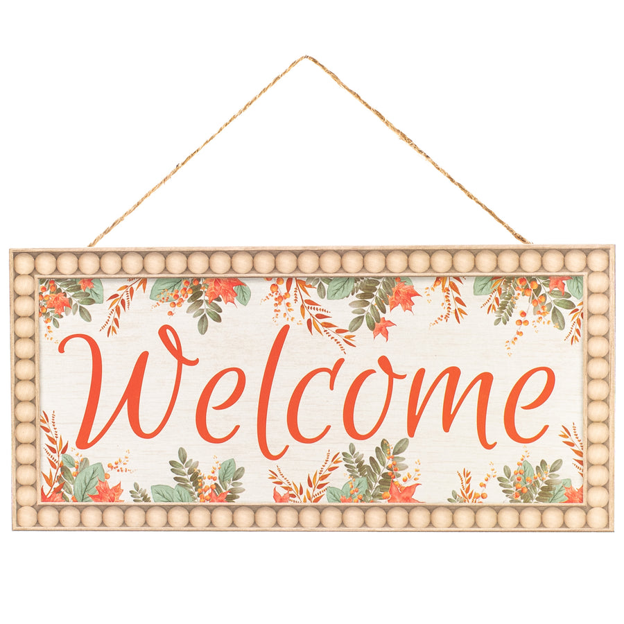 12" Wooden Sign: Bead Edge Welcome Leaves