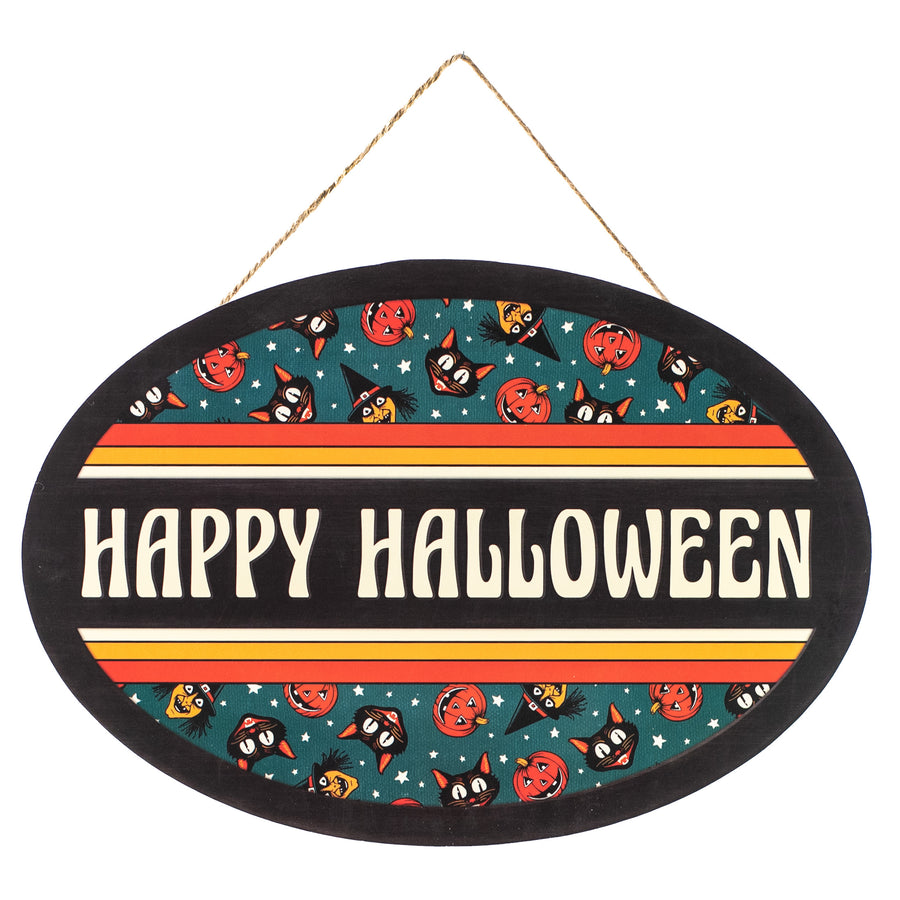 13" Oval Wooden Sign: Happy Halloween Vintage Cat, Witch, Jack-O-Lantern