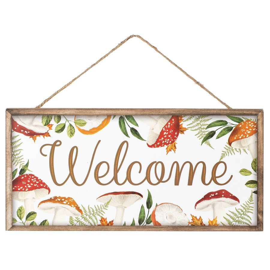 12" Wooden Sign: Framed Welcome Mushrooms