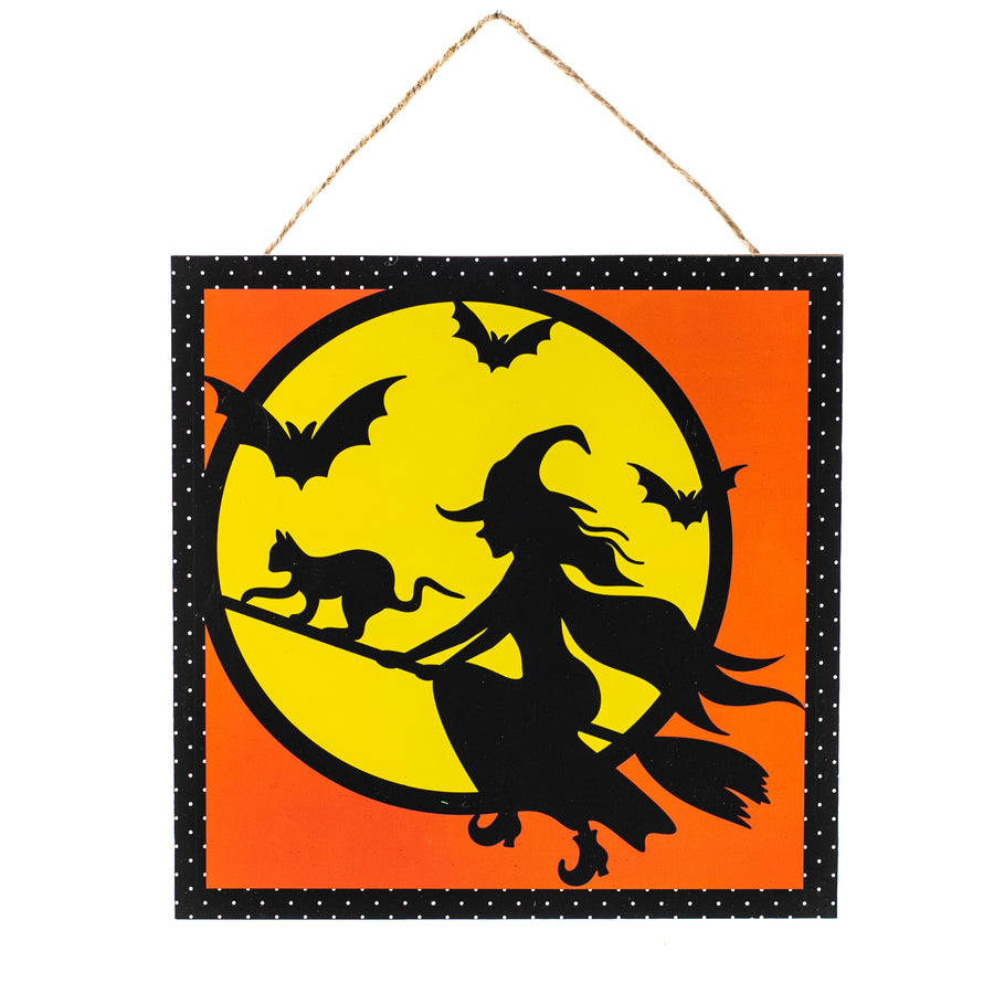 10" Square Wooden Sign: Flying Witch