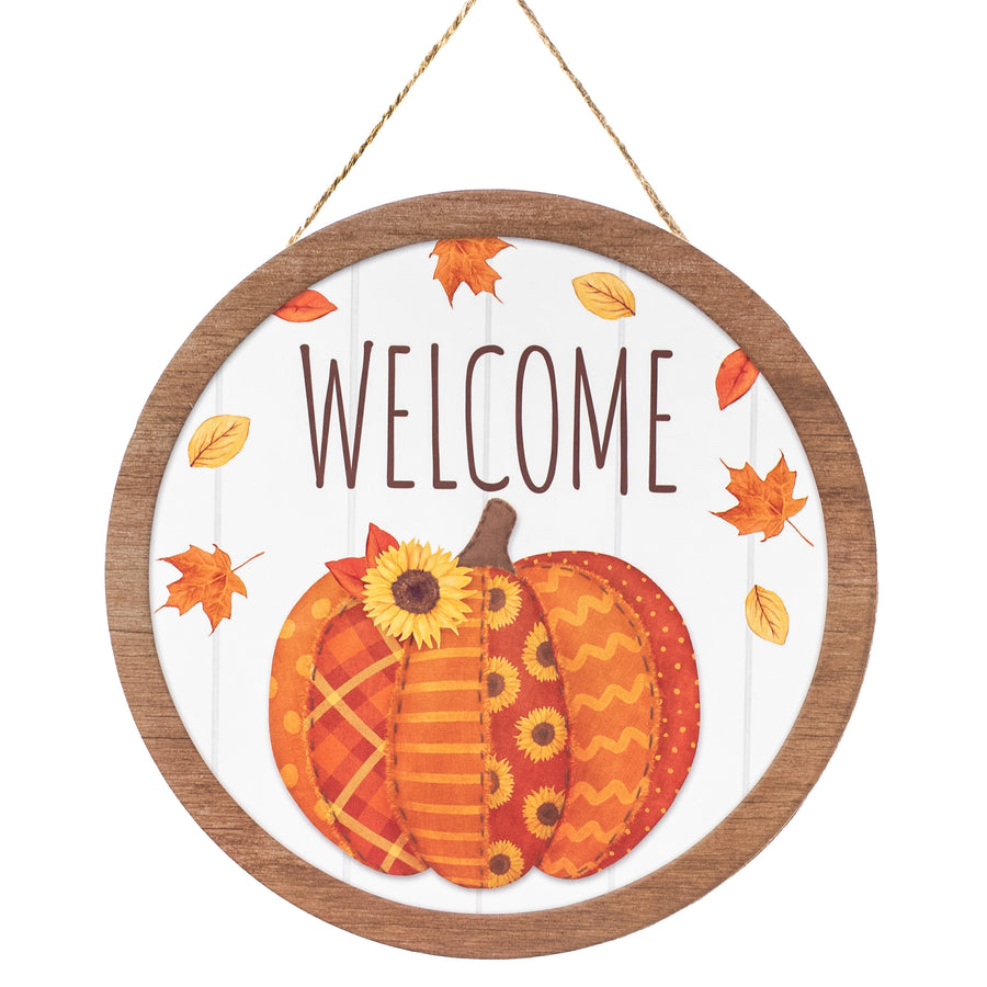 10" Round Wooden Sign: Welcome Quilted Pumpkin