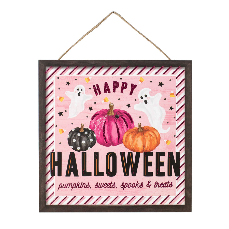 10" Square Wooden Sign: Pink, Orange, Black Happy Halloween