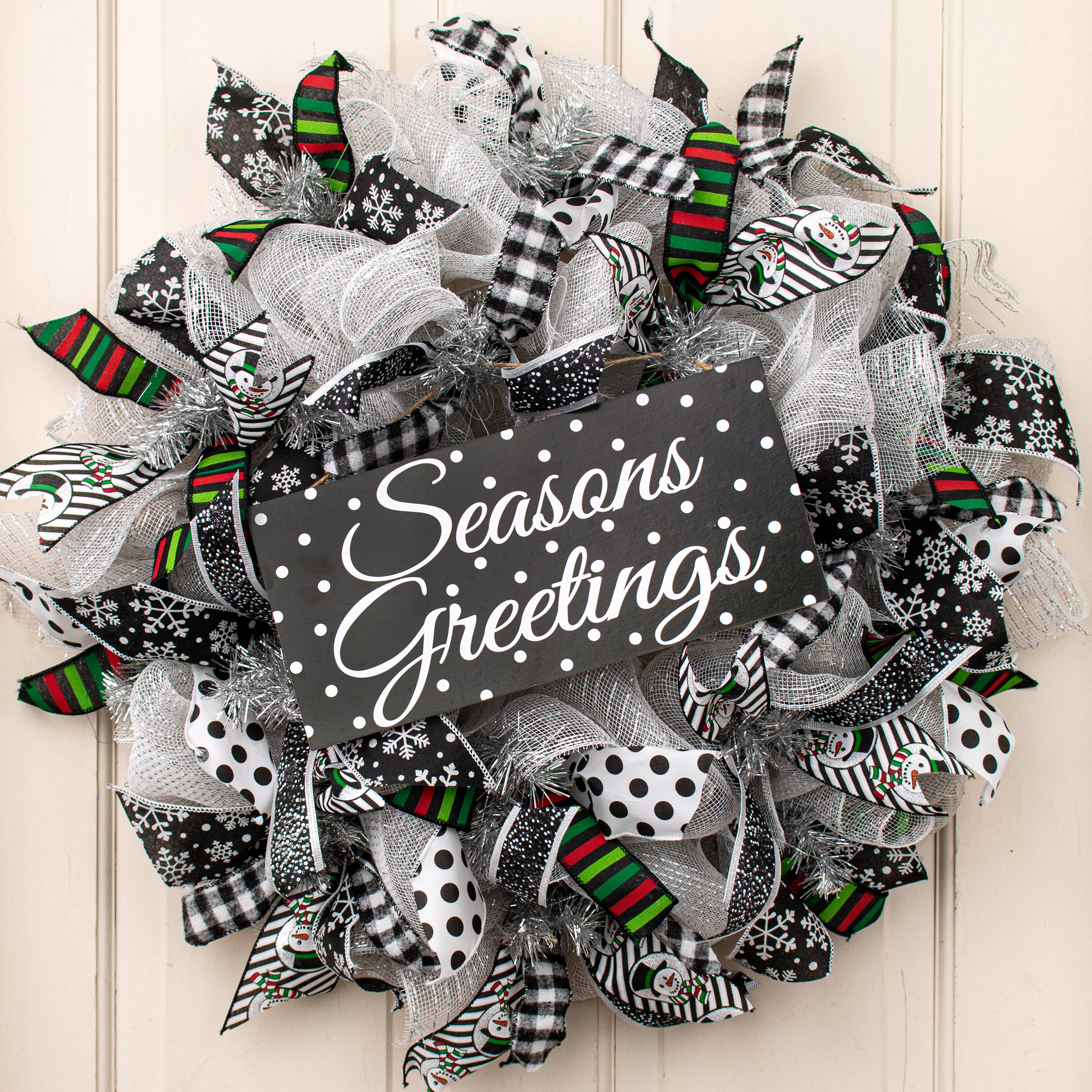 2.5" Snowman Head & Diagonal Stripes Ribbon: Black & White (10 Yards)