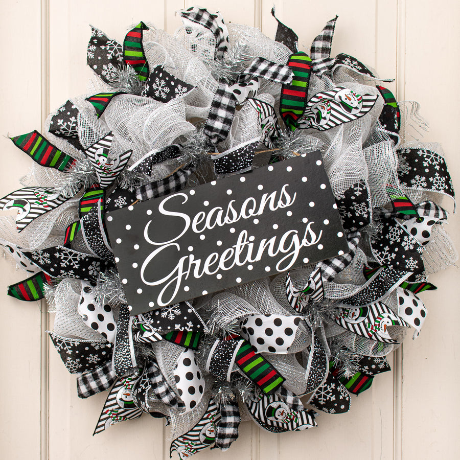 2.5" Snowman Head & Diagonal Stripes Ribbon: Black & White (10 Yards)