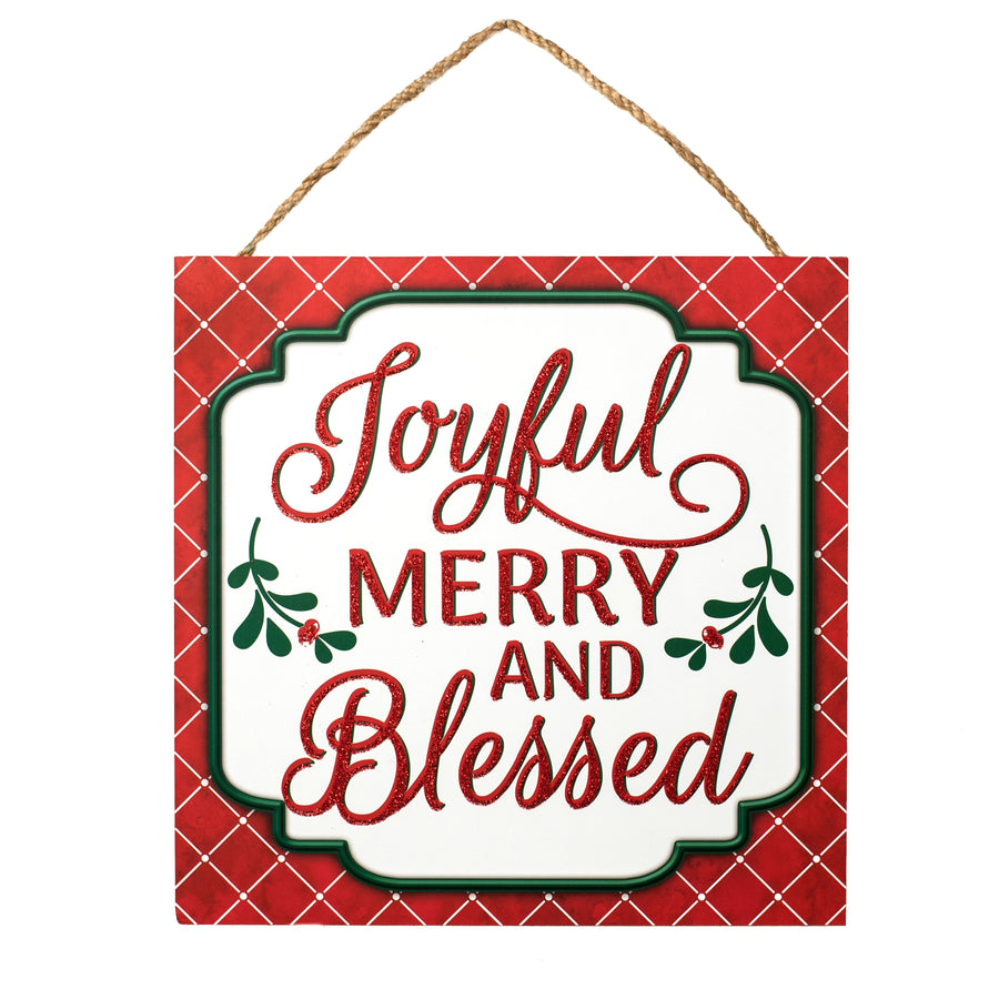 10" Square Wooden Sign: Joyful, Merry, Blessed