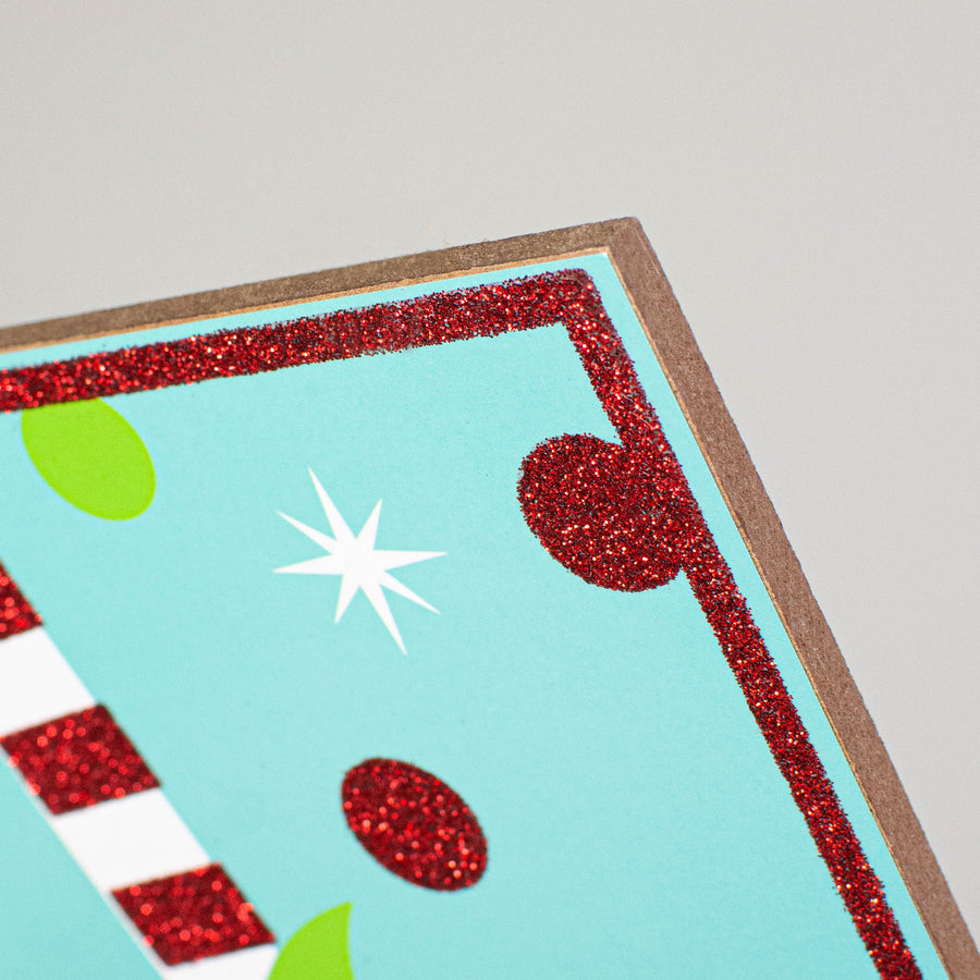 10" Square Wooden Sign: Ice Blue Glitter Christmas Elf