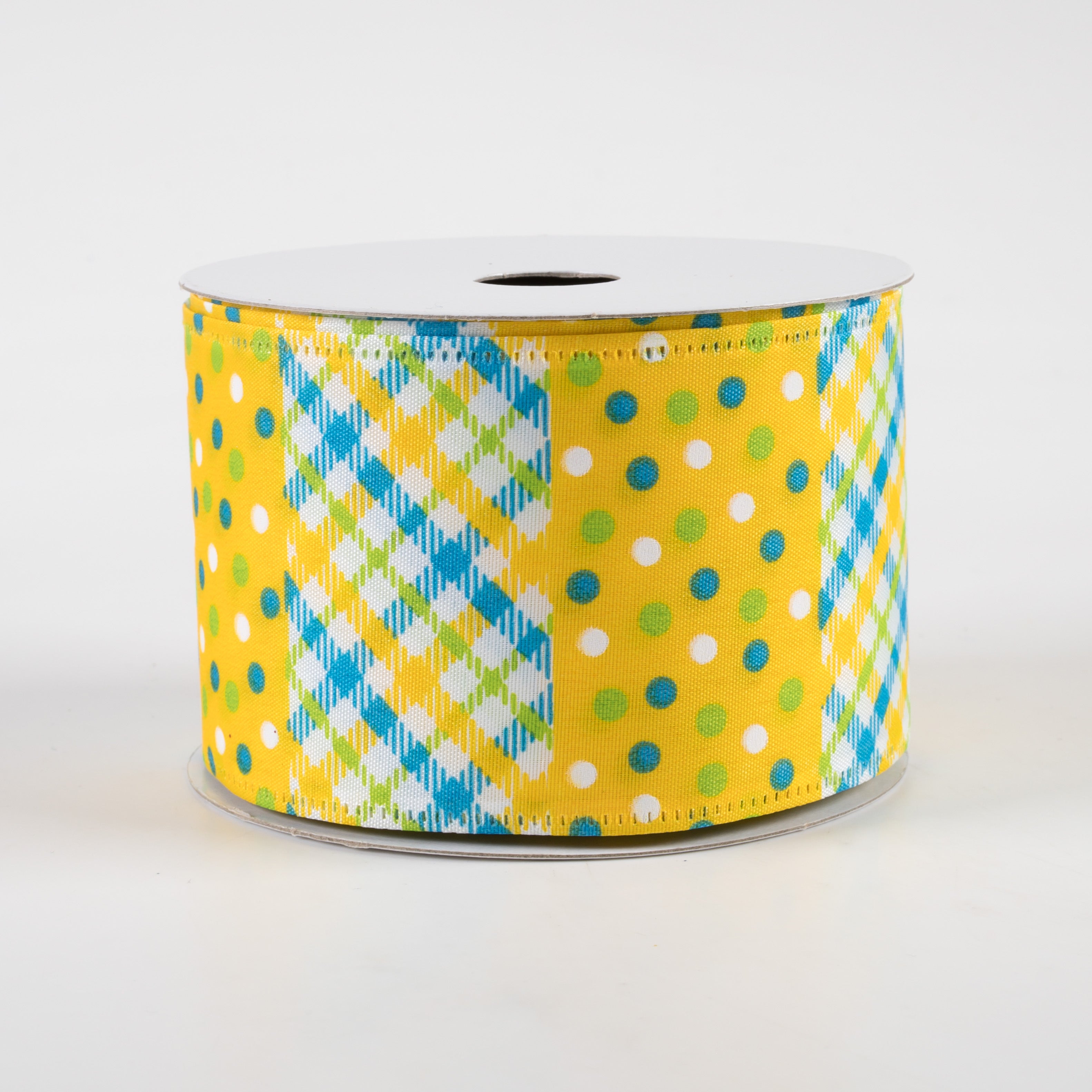 2.5" Argyle & Dot Stripes Ribbon: Yellow, Lime, Blue, White (10 Yards) Item Number: 45350-40-22