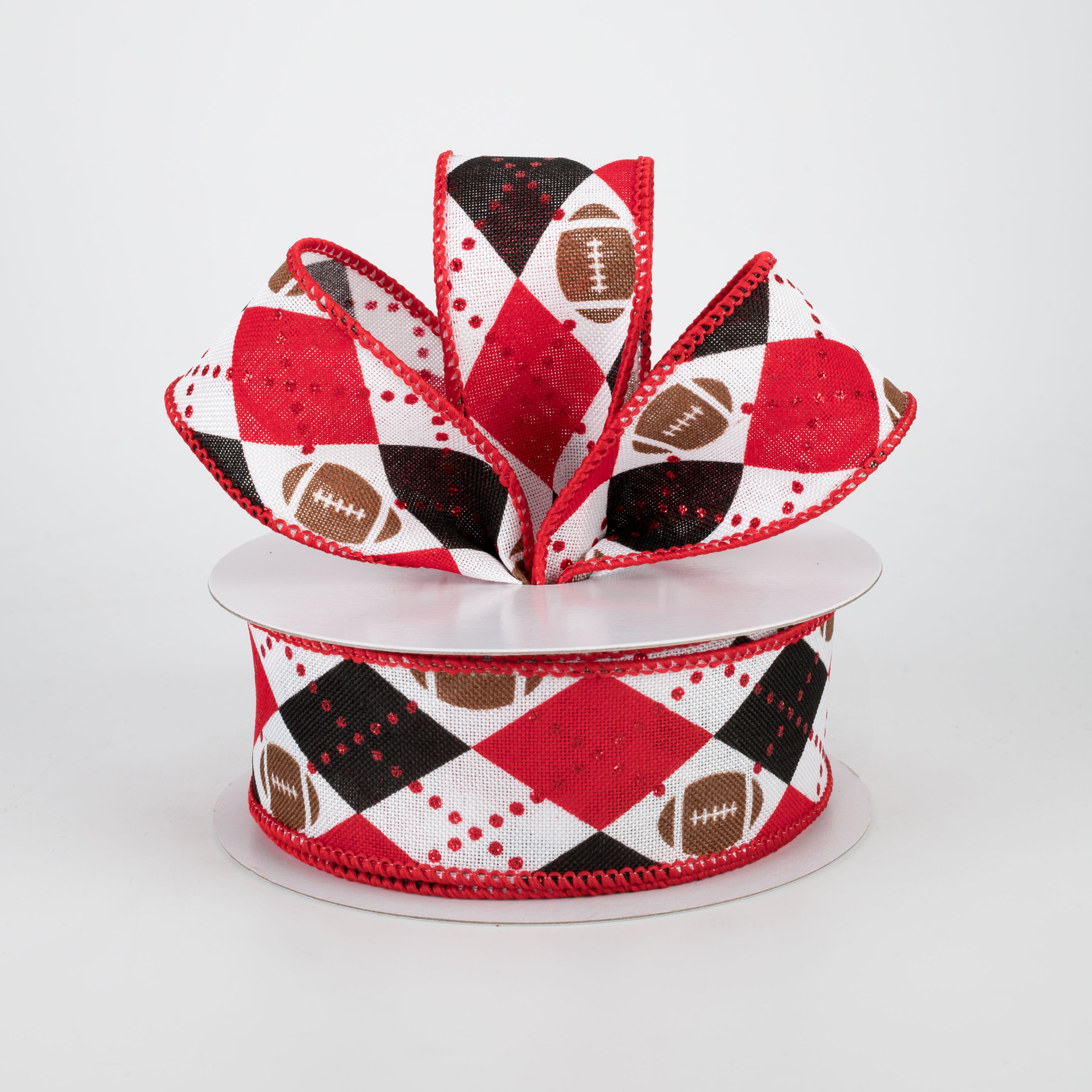 1.5" Argyle Footballs Ribbon: Black & Red (10 Yards) Lifestyle Photo