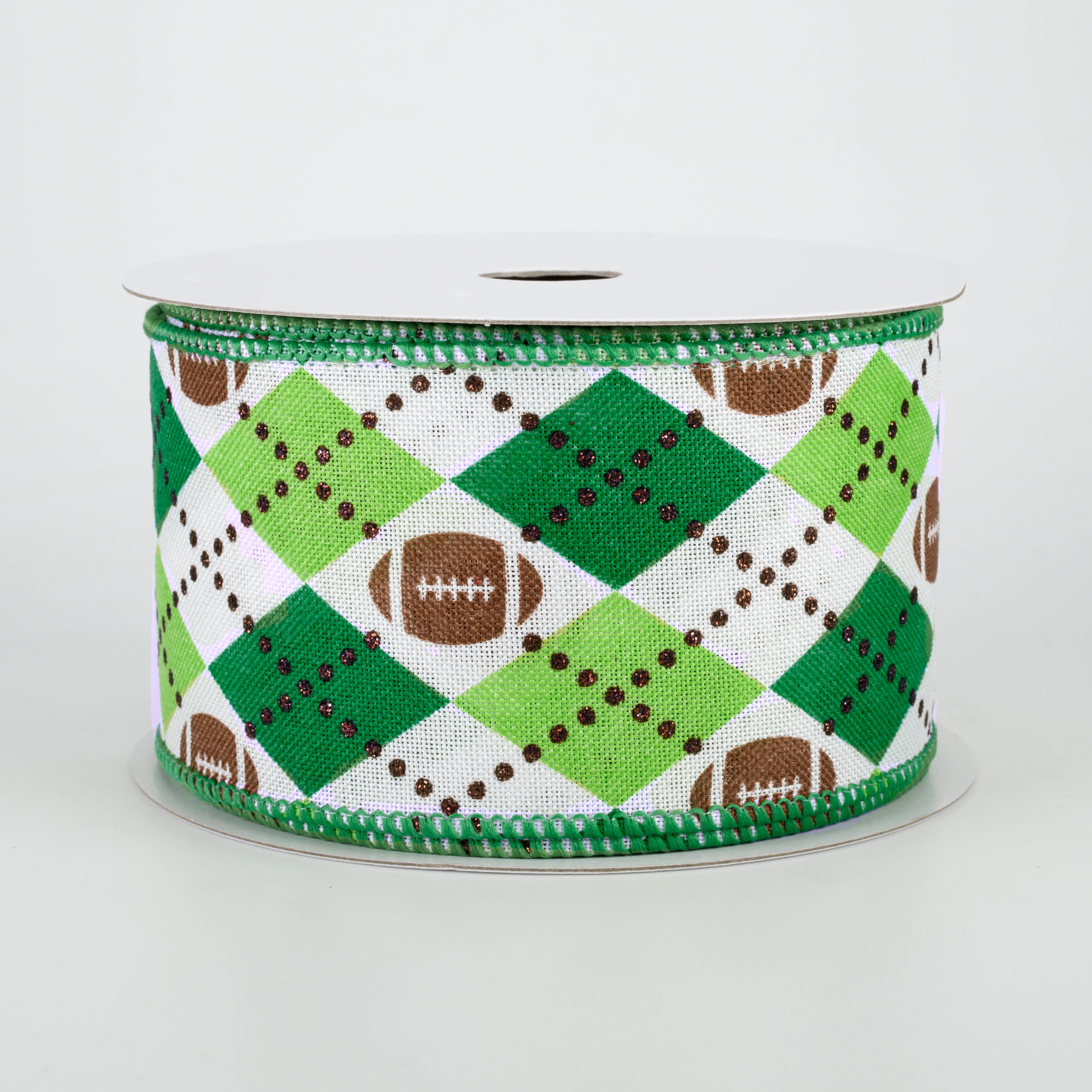 2.5" Argyle Footballs Ribbon: Emerald & Lime (10 Yards)