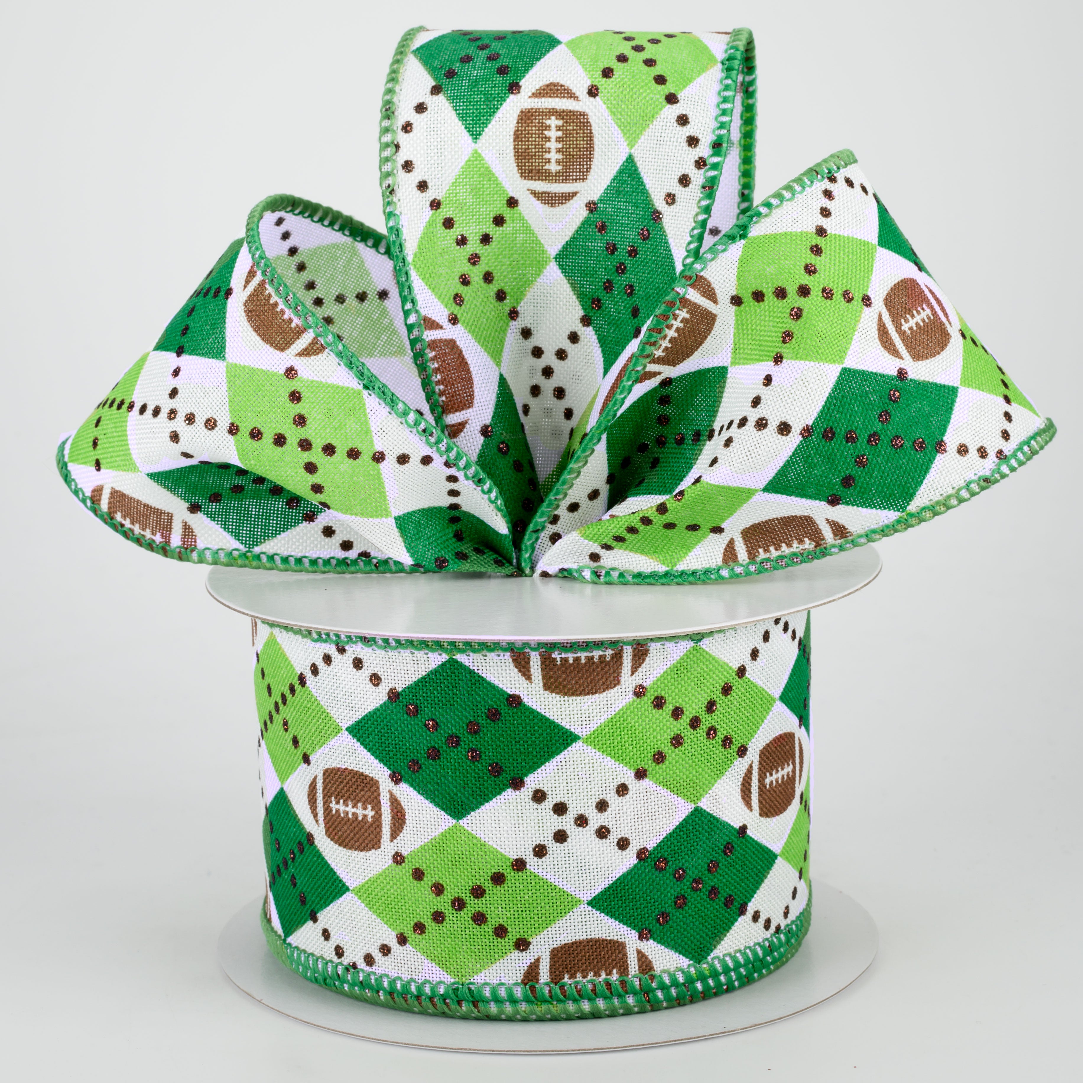 2.5" Argyle Footballs Ribbon: Emerald & Lime (10 Yards) Lifestyle Photo