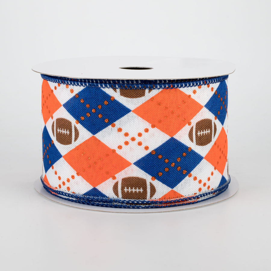 2.5" Argyle Footballs Ribbon: Orange & Navy (10 Yards)