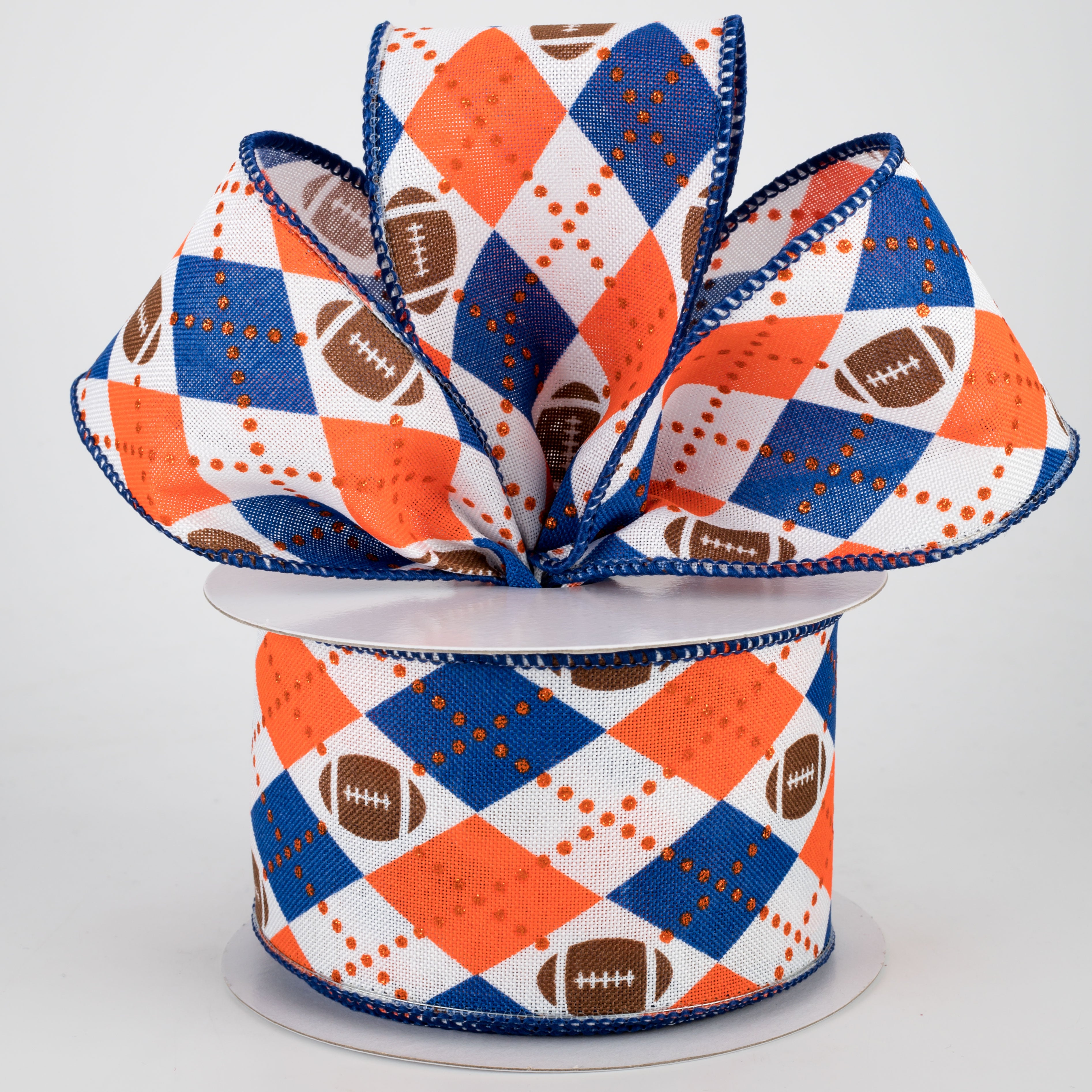 2.5" Argyle Footballs Ribbon: Orange & Navy (10 Yards) Lifestyle Photo