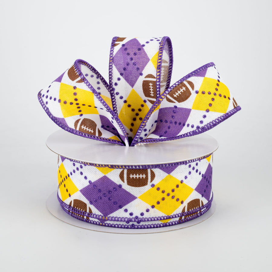 1.5" Argyle Footballs Ribbon: Yellow & Purple (10 Yards) Lifestyle Photo