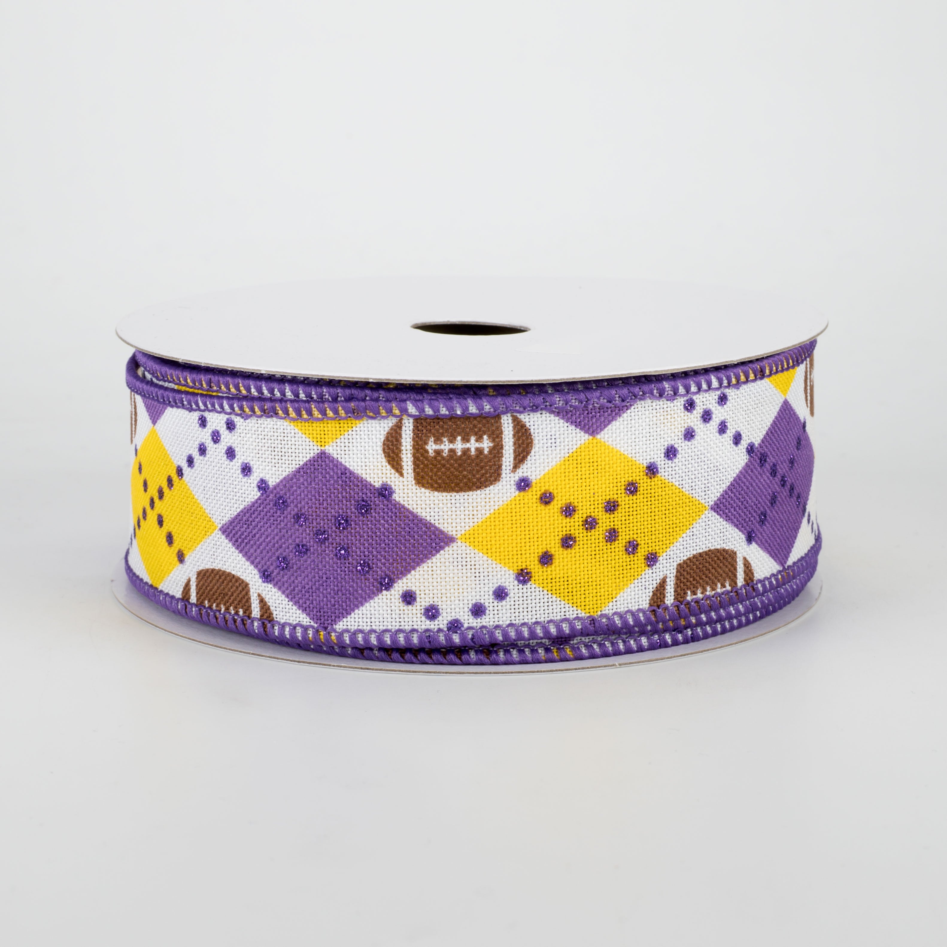 1.5" Argyle Footballs Ribbon: Yellow & Purple (10 Yards)