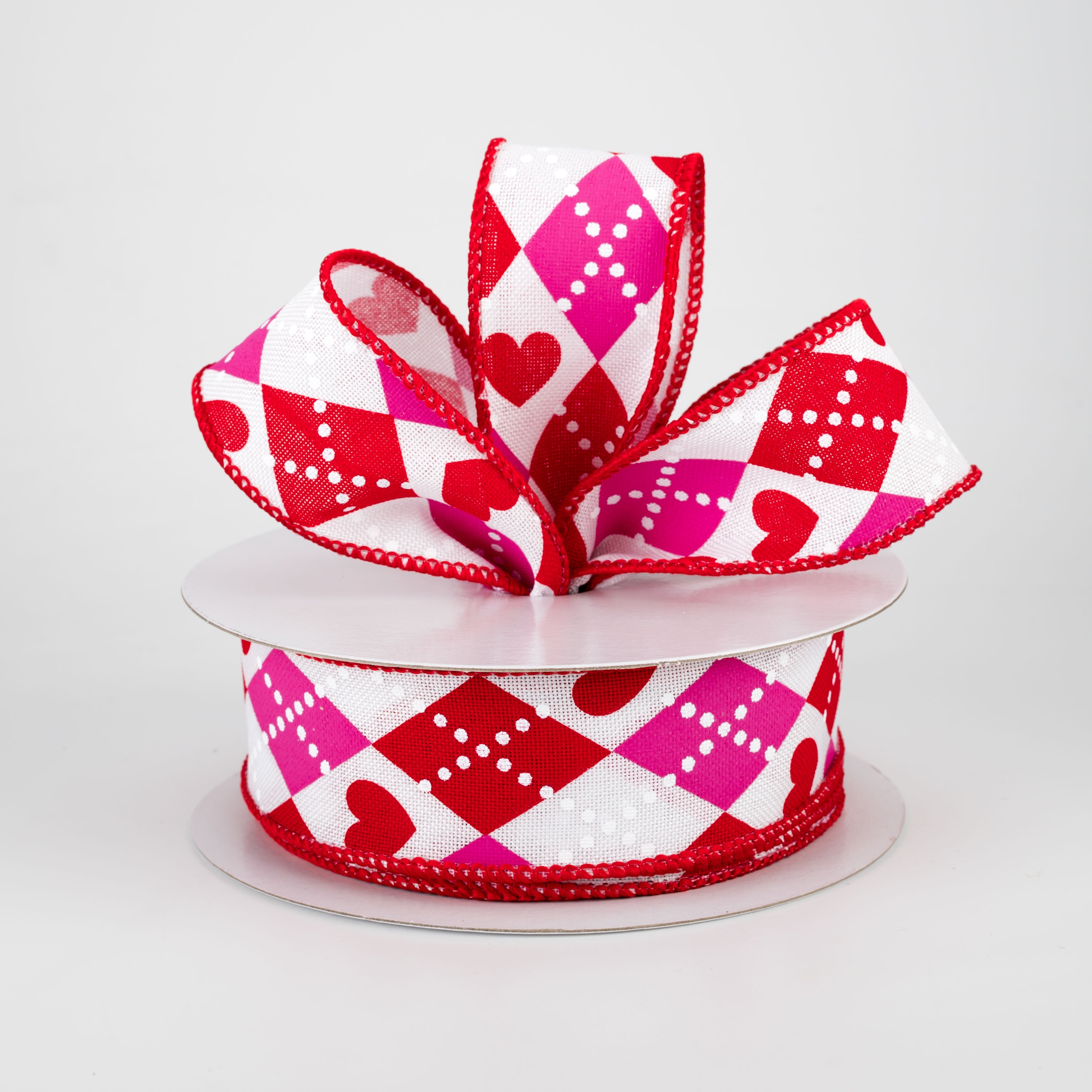 1.5" Argyle Hearts Ribbon: White, Hot Pink, Red (10 Yards) Lifestyle Photo