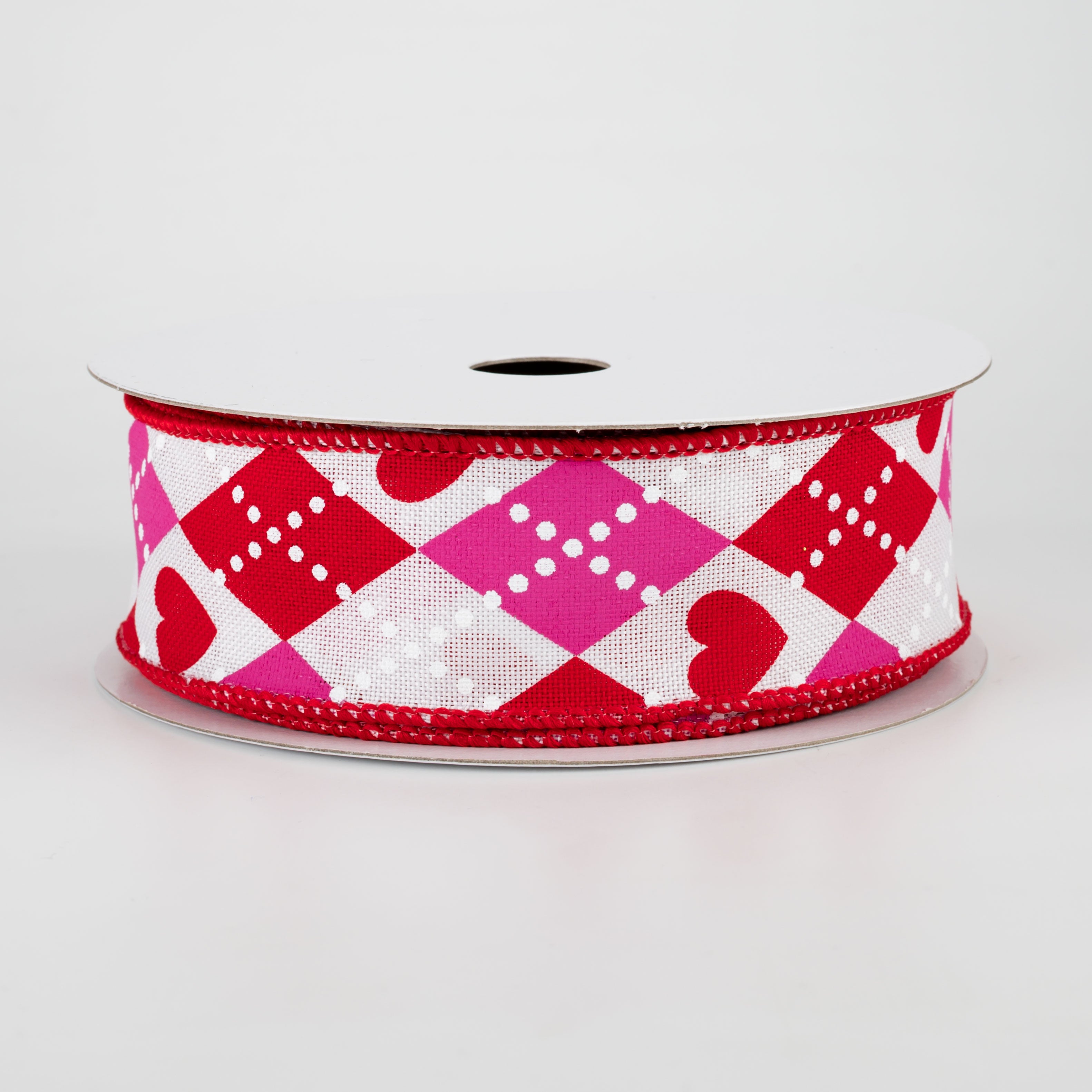 1.5" Argyle Hearts Ribbon: White, Hot Pink, Red (10 Yards)