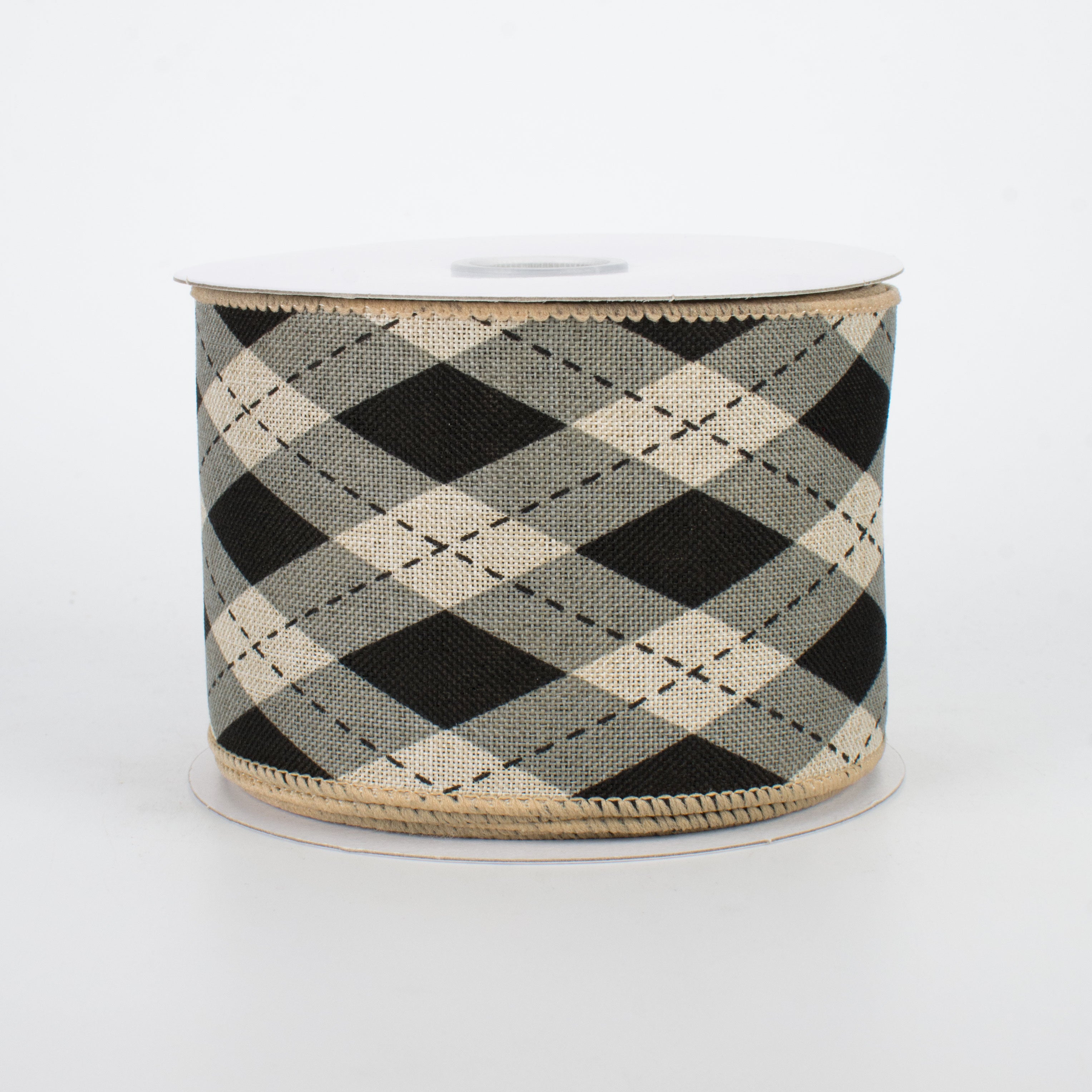 2.5" Argyle Plaid Ribbon: Black & Natural (10 Yards)