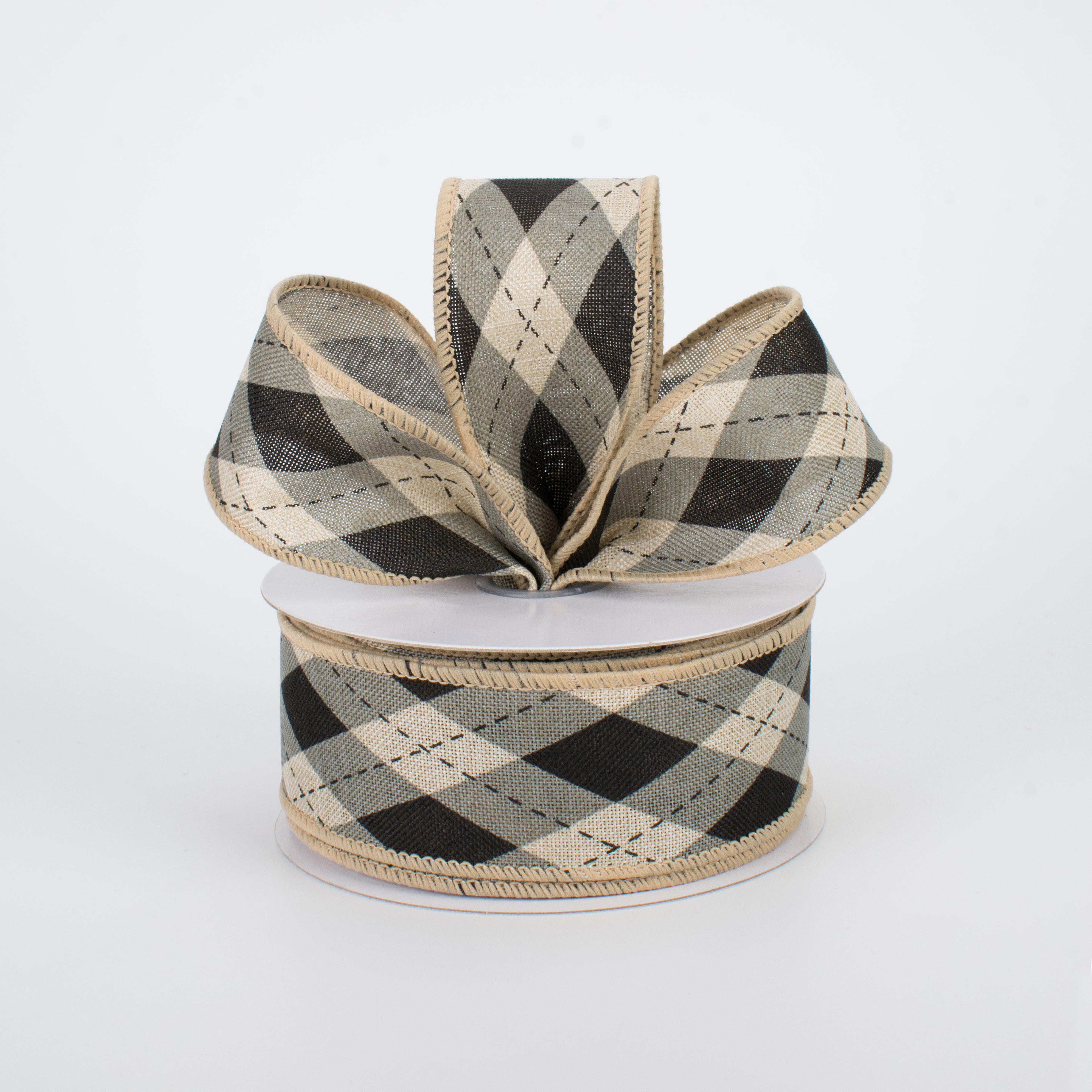 1.5" Argyle Plaid Ribbon: Black & Natural (10 Yards) Lifestyle Photo