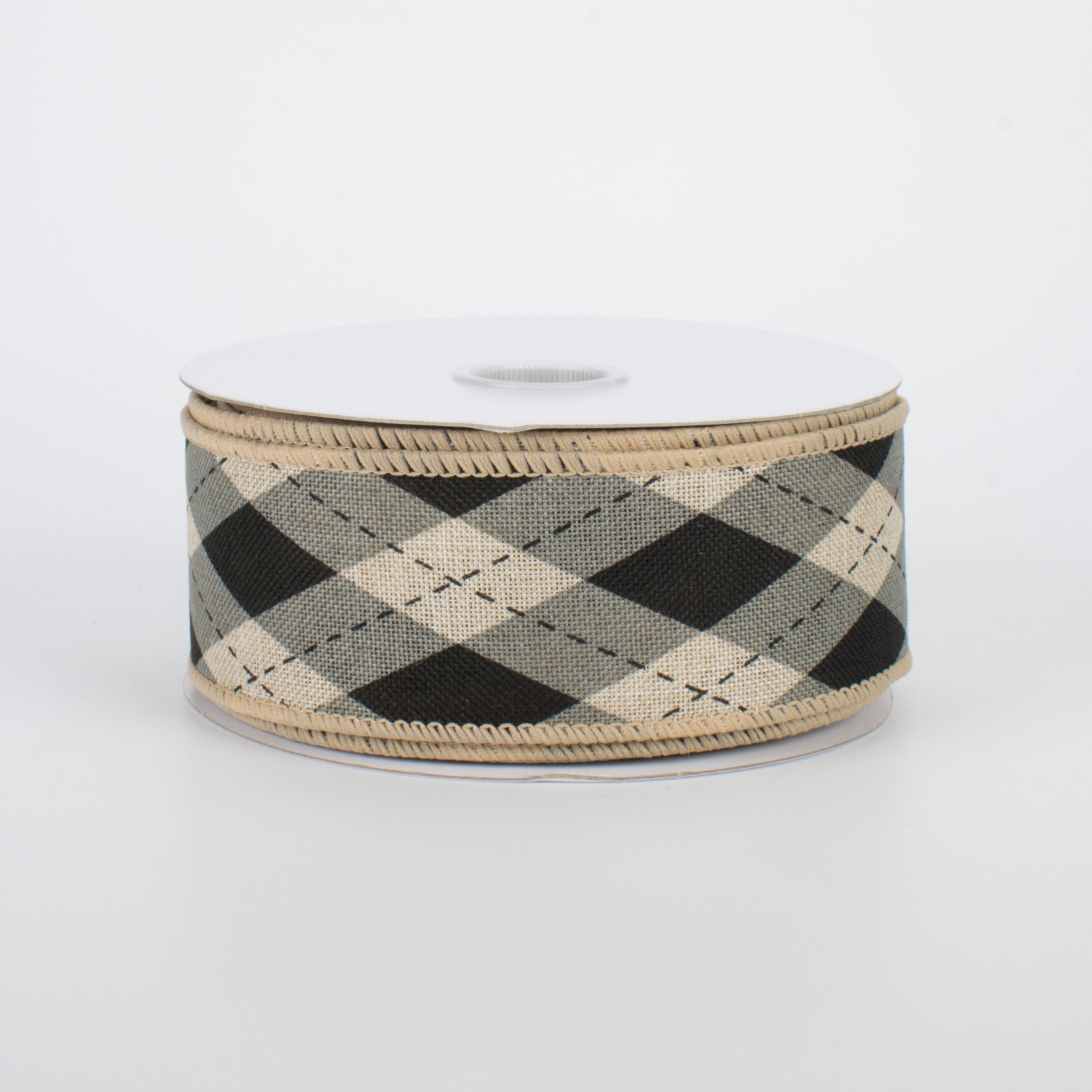 1.5" Argyle Plaid Ribbon: Black & Natural (10 Yards)