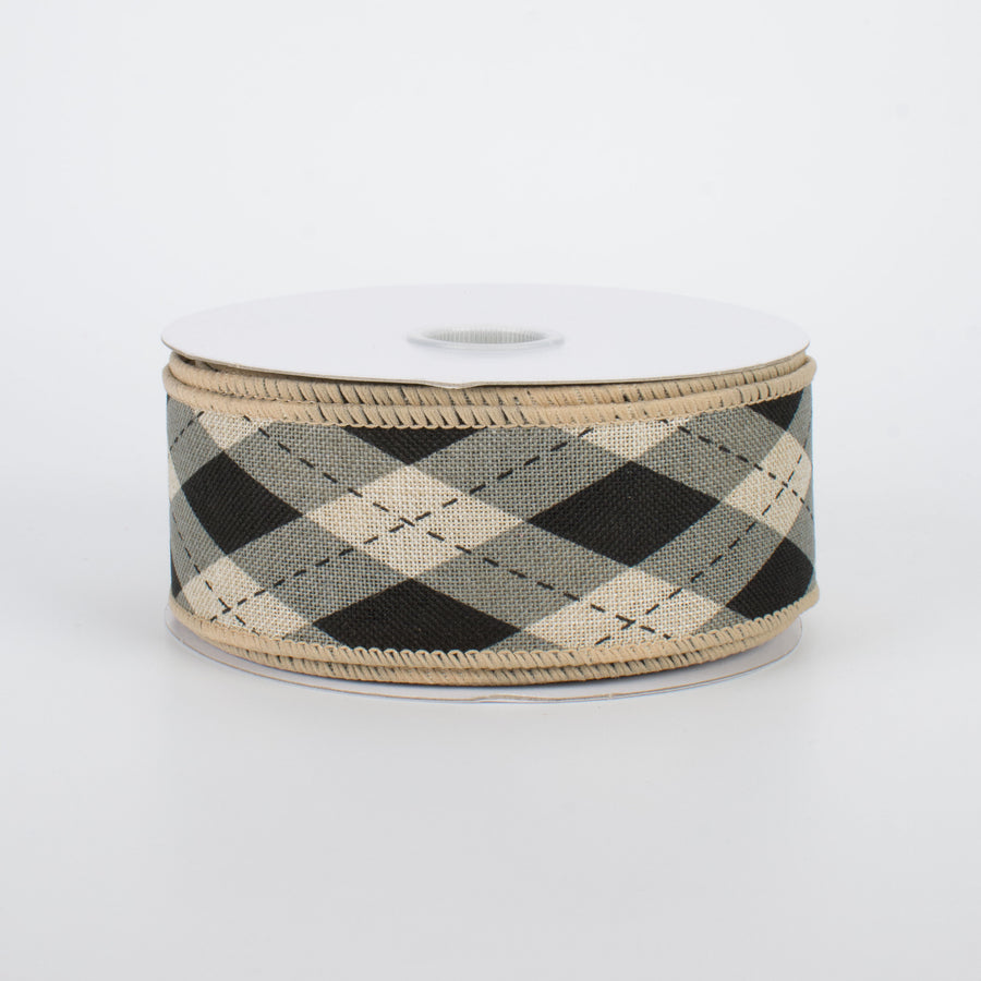 1.5" Argyle Plaid Ribbon: Black & Natural (10 Yards)