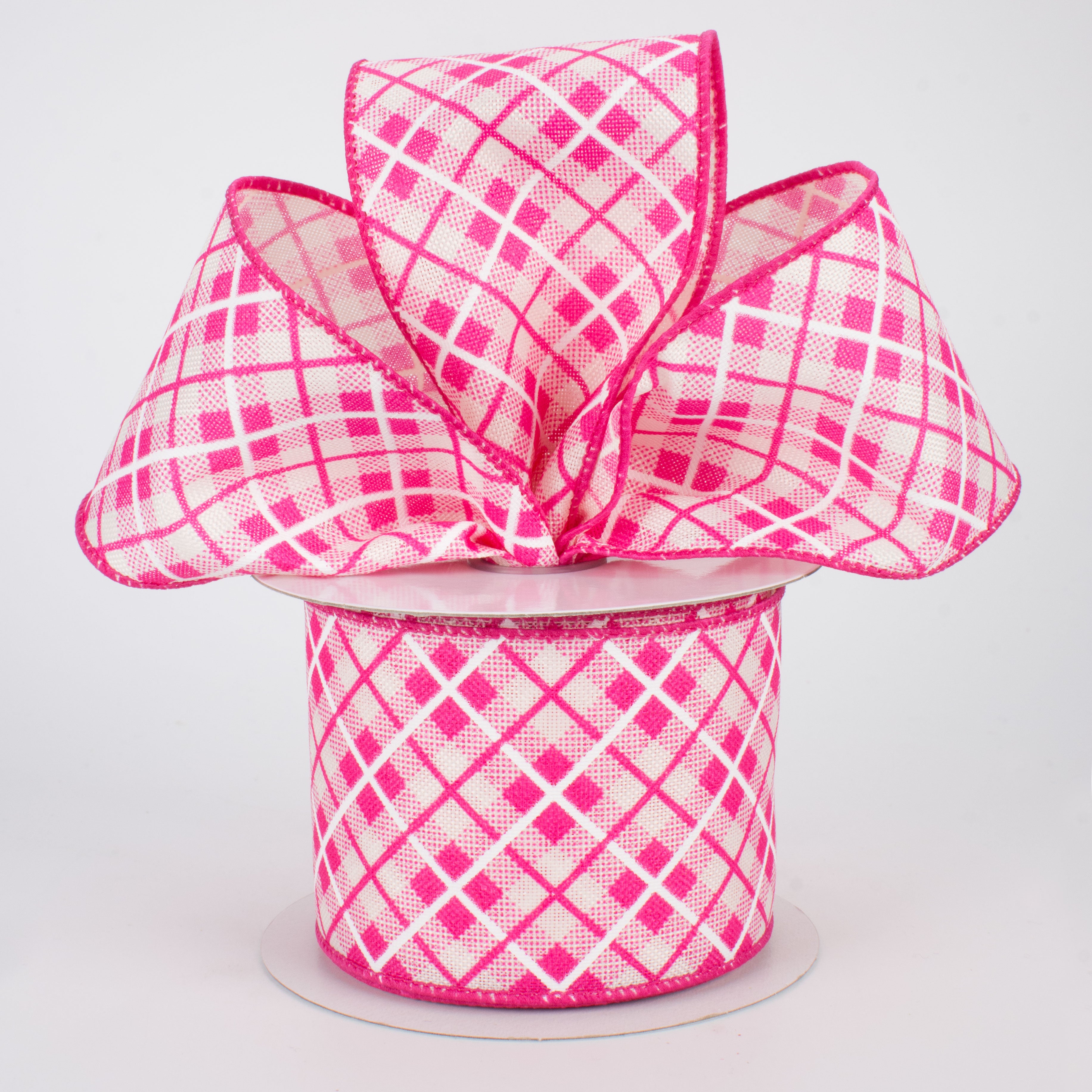 2.5" Argyle Plaid Ribbon: Fuchsia (10 Yards) Lifestyle Photo