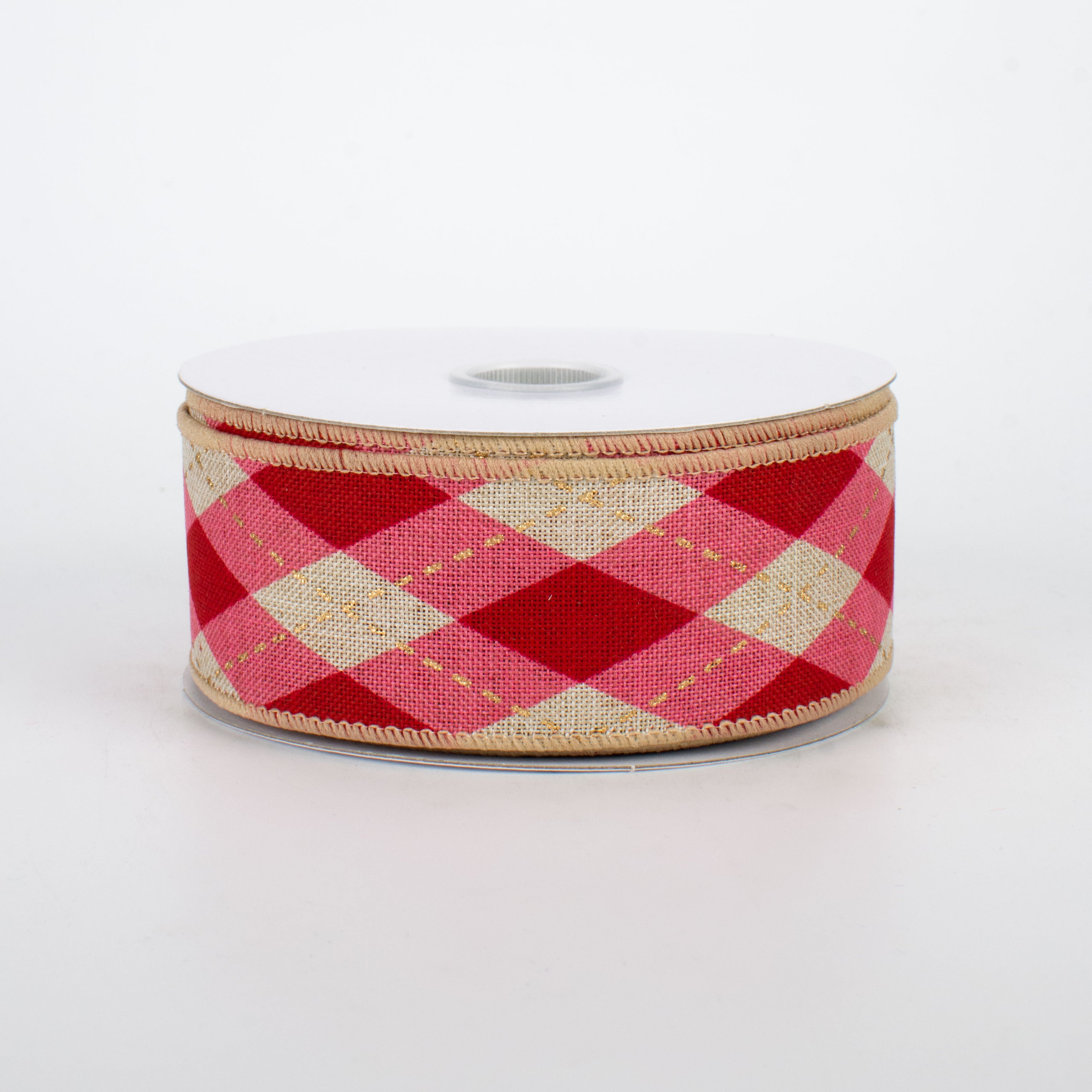 1.5" Argyle Plaid Ribbon: Pink, Red, Natural (10 Yards)
