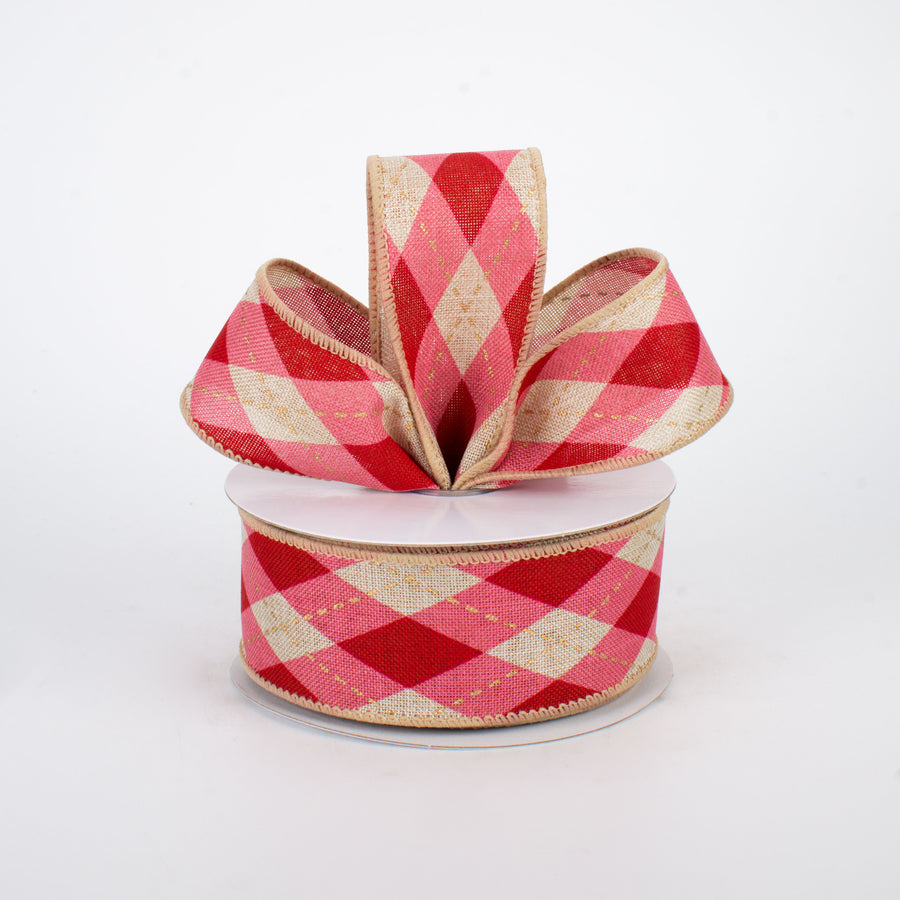 1.5" Argyle Plaid Ribbon: Pink, Red, Natural (10 Yards) Lifestyle Photo