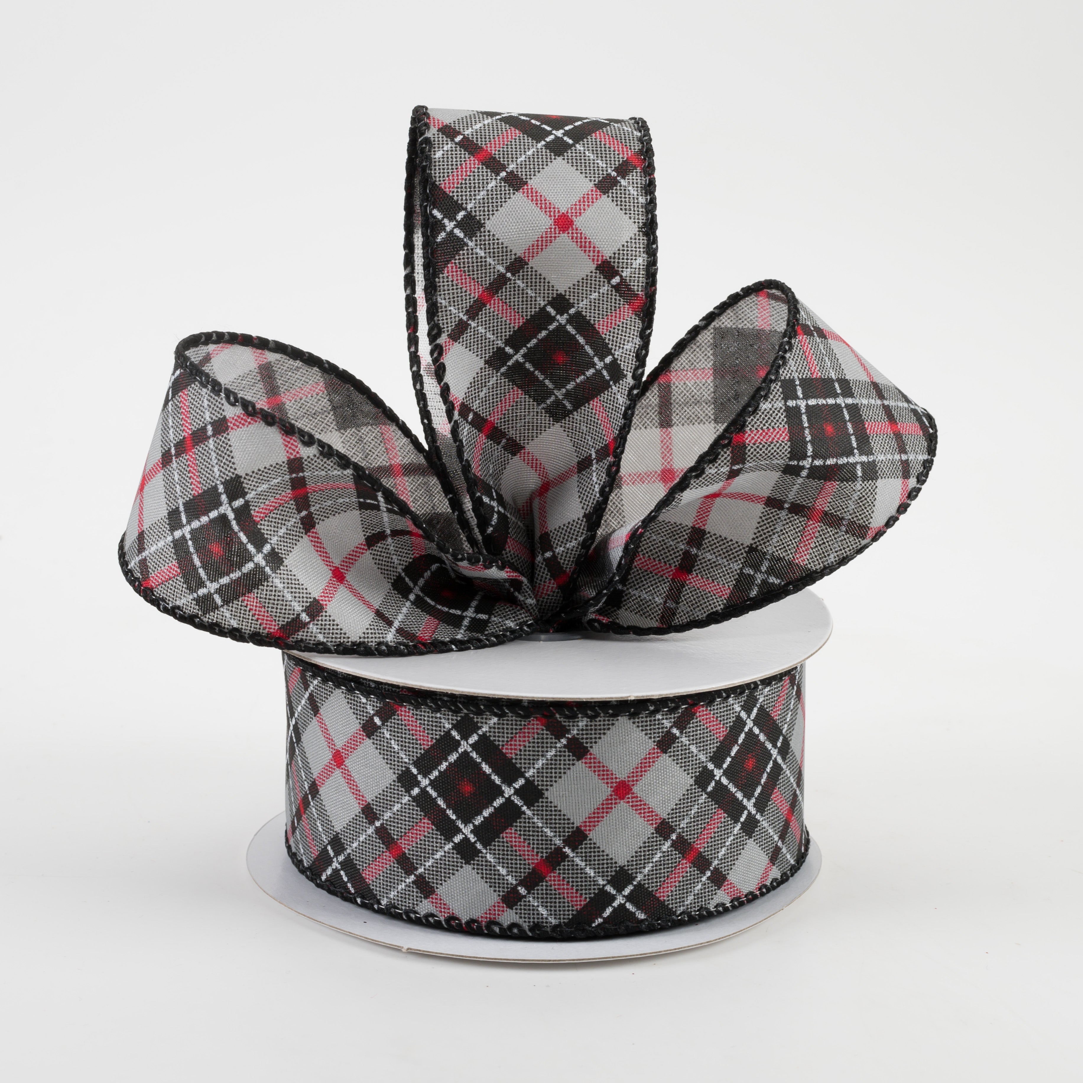1.5" Argyle Satin Ribbon: Grey, Black, White, Red (10 Yards) Lifestyle Photo