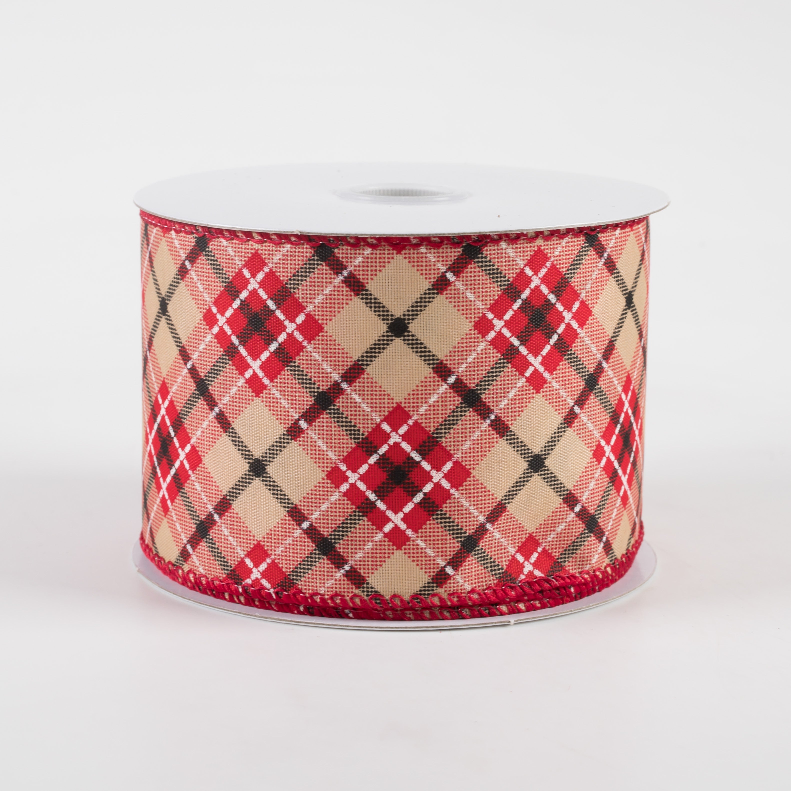 2.5" Argyle Satin Ribbon: Tan, Red, Black, Cream (10 Yards) Item Number: 71225-40-13
