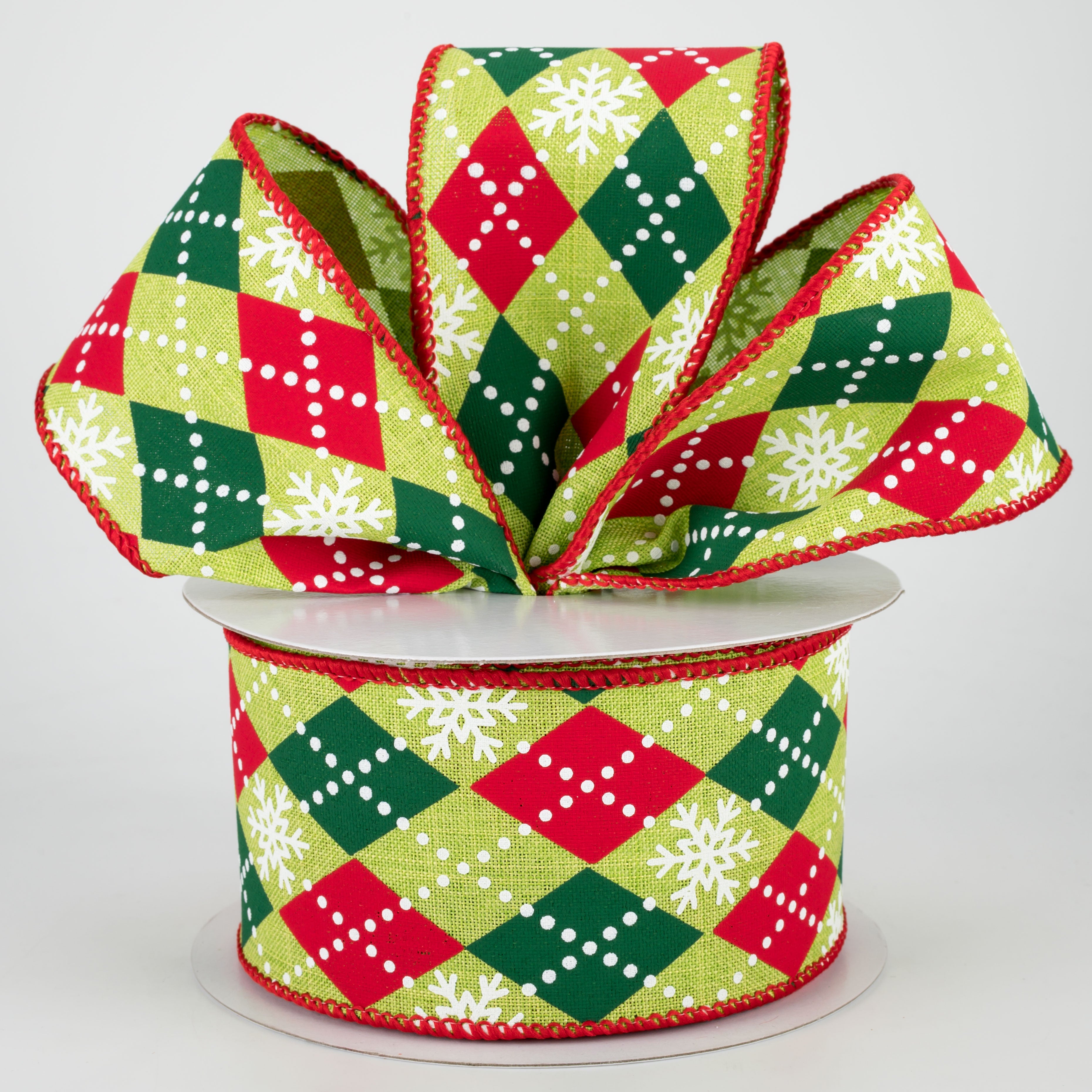 2.5" Argyle Snowflakes Ribbon: Lime, Red, Emerald (10 Yards) Lifestyle Photo