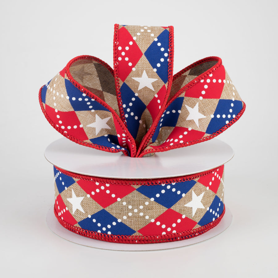 1.5" Argyle Stars Ribbon: Beige, Red, White, Blue (10 Yards) Lifestyle Photo