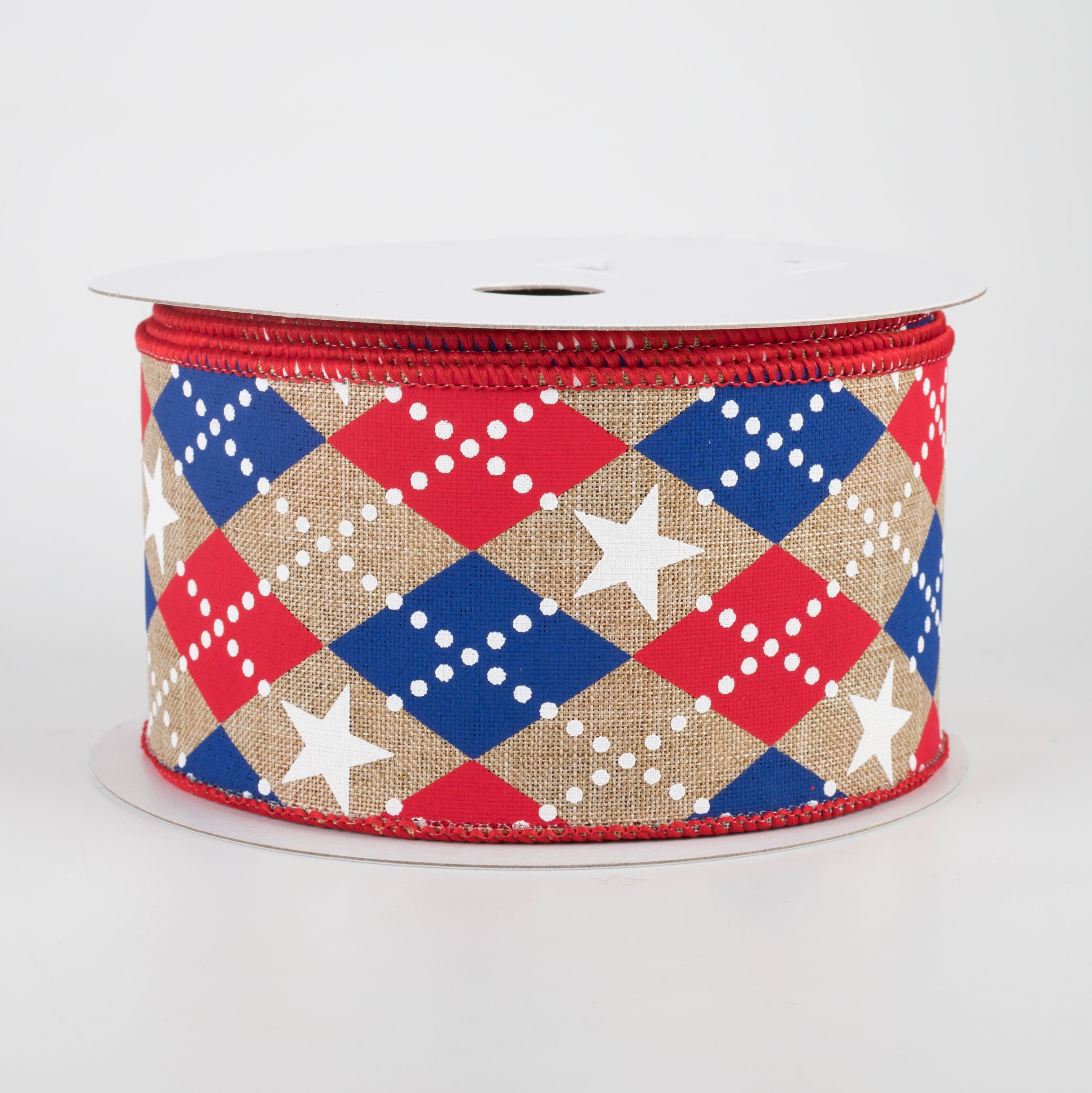 2.5" Argyle Stars Ribbon: Beige, Red, White, Blue (10 Yards)