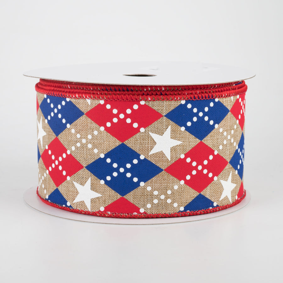 2.5" Argyle Stars Ribbon: Beige, Red, White, Blue (10 Yards)