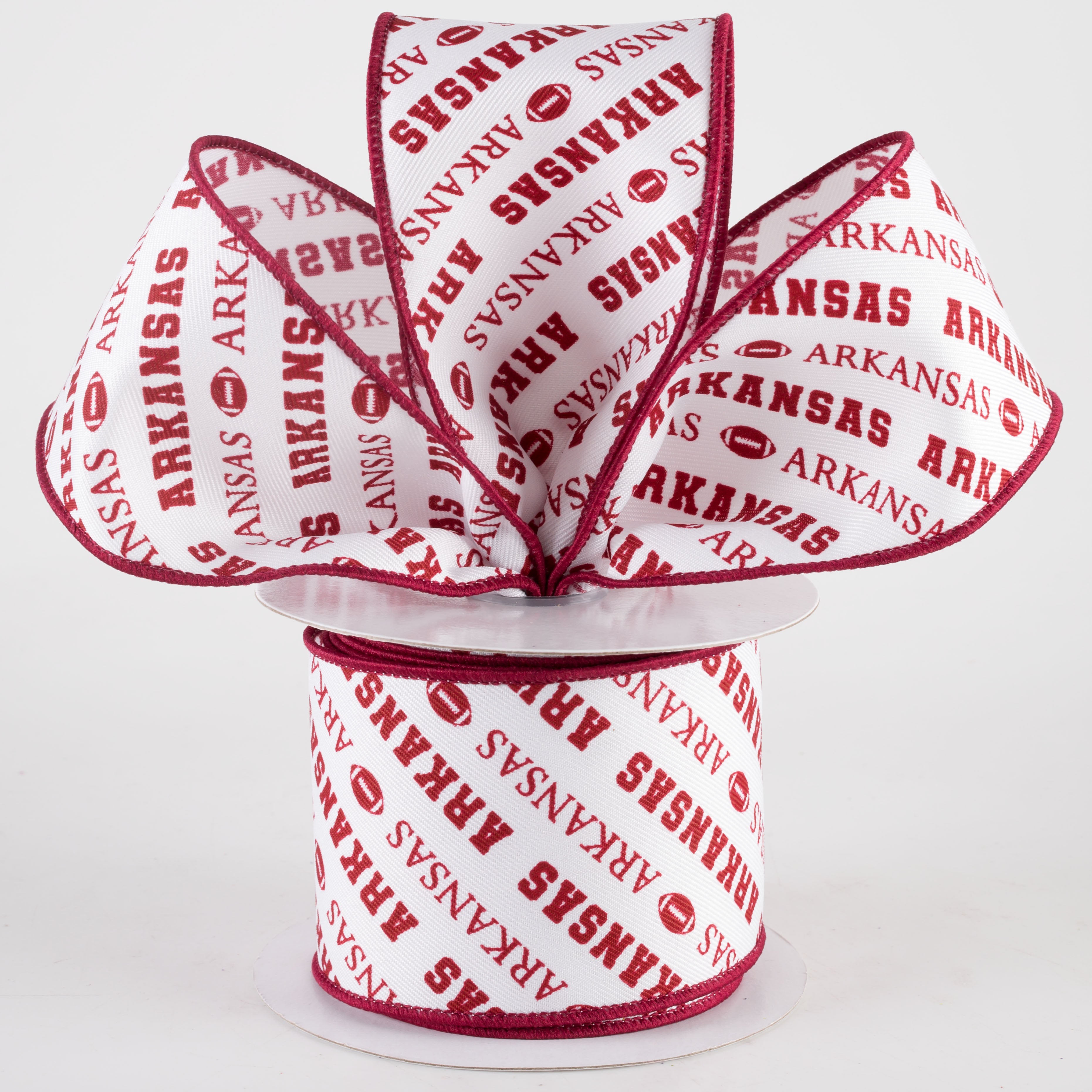 2.5" Arkansas Diagonal Football Pattern Ribbon: Cardinal Red & White (10 Yards) Lifestyle Photo