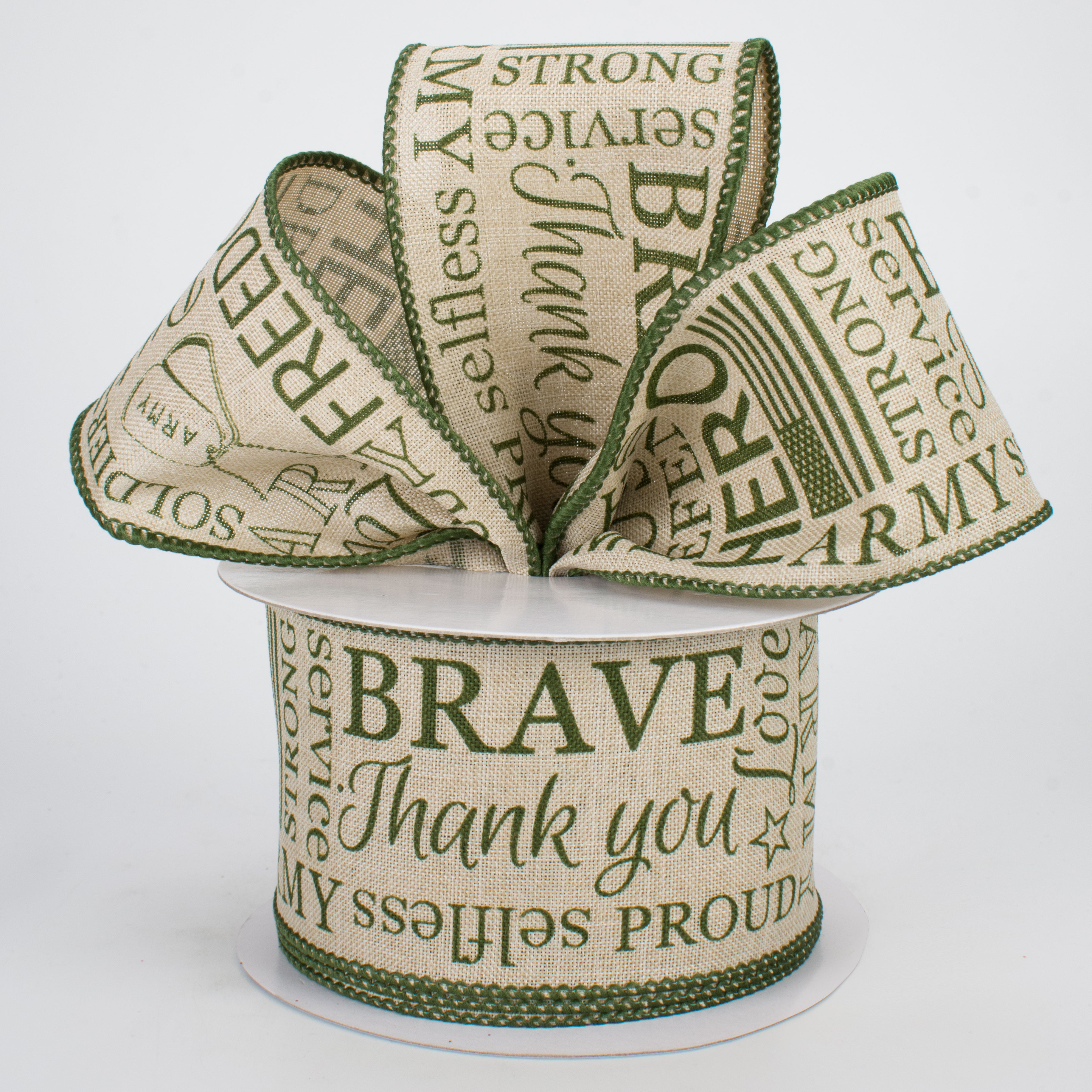 2.5" Army Ribbon: Army Green & Natural (10 Yards) Lifestyle Photo