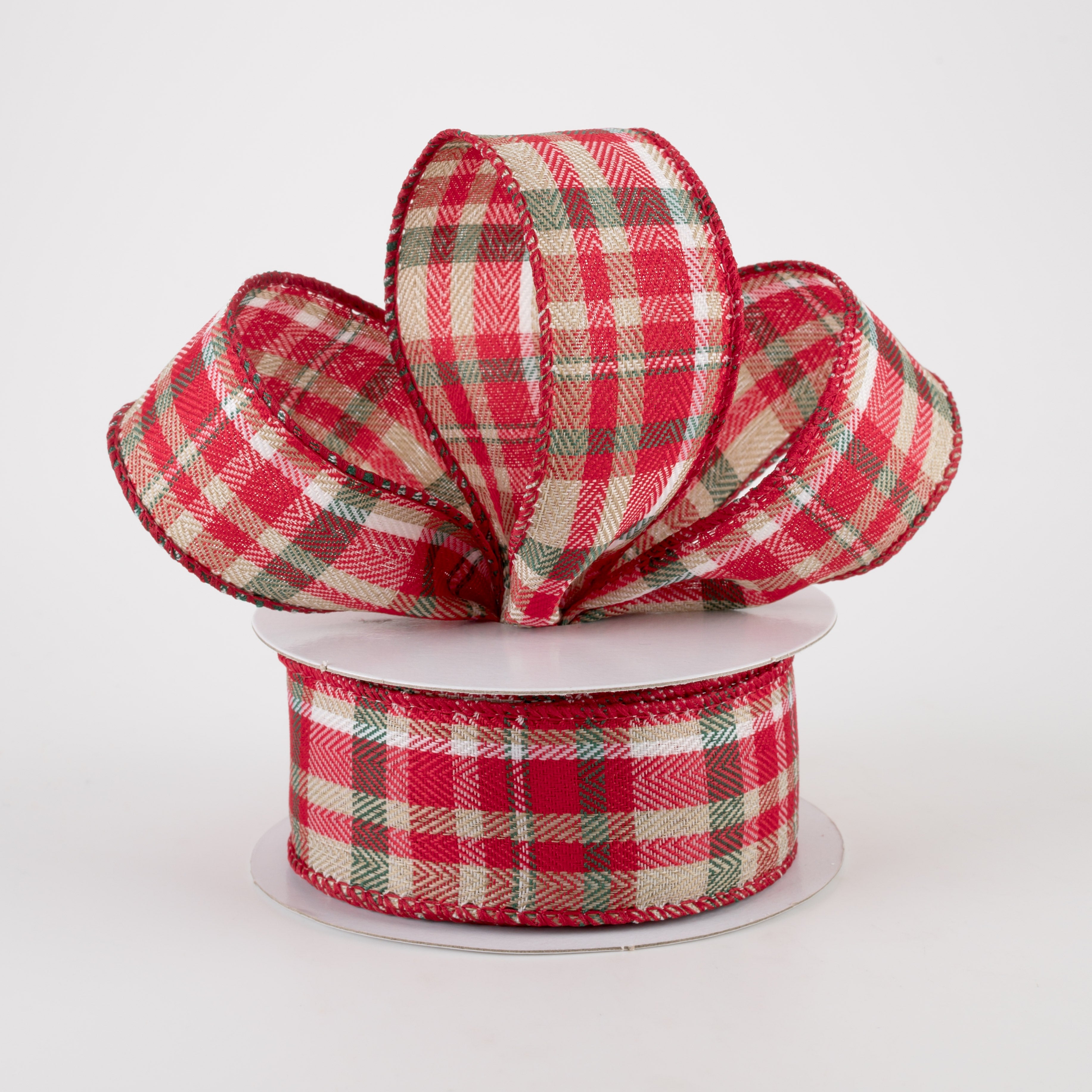 1.5" Aspen Plaid Ribbon: Natural, Green, Red, Ivory, White (10 Yards) Lifestyle Photo