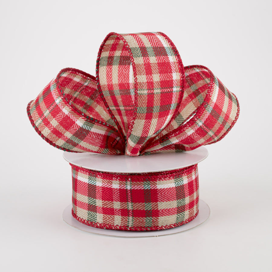 1.5" Aspen Plaid Ribbon: Natural, Green, Red, Ivory, White (10 Yards) Lifestyle Photo